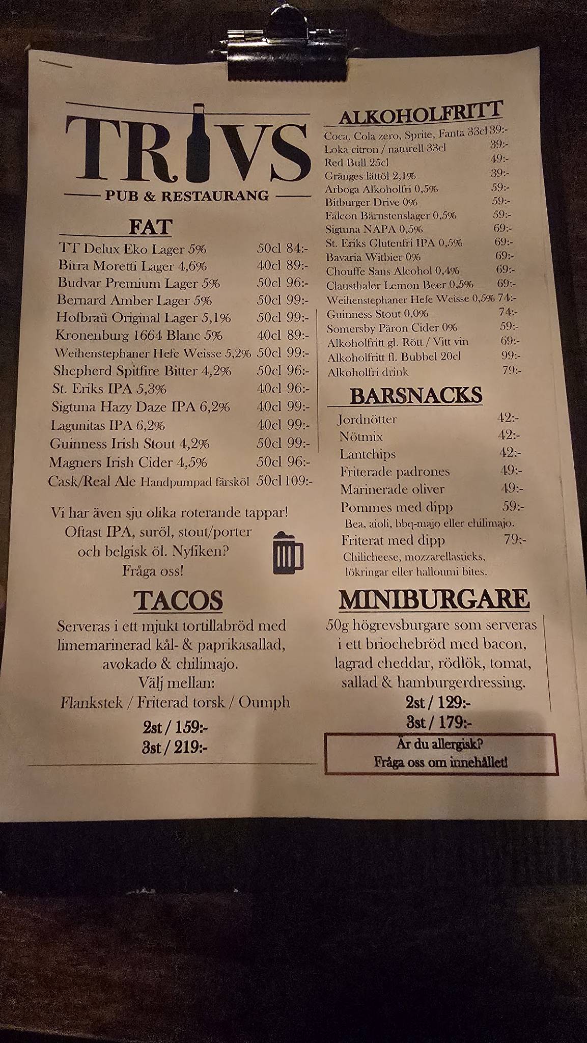 Trivs pub & restaurang меню