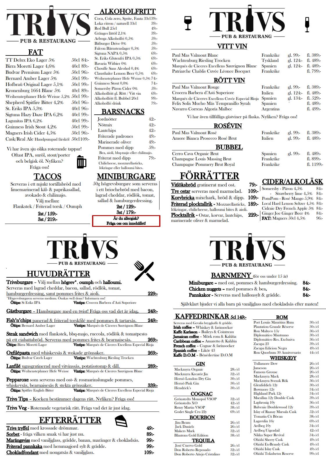 Trivs pub & restaurang меню