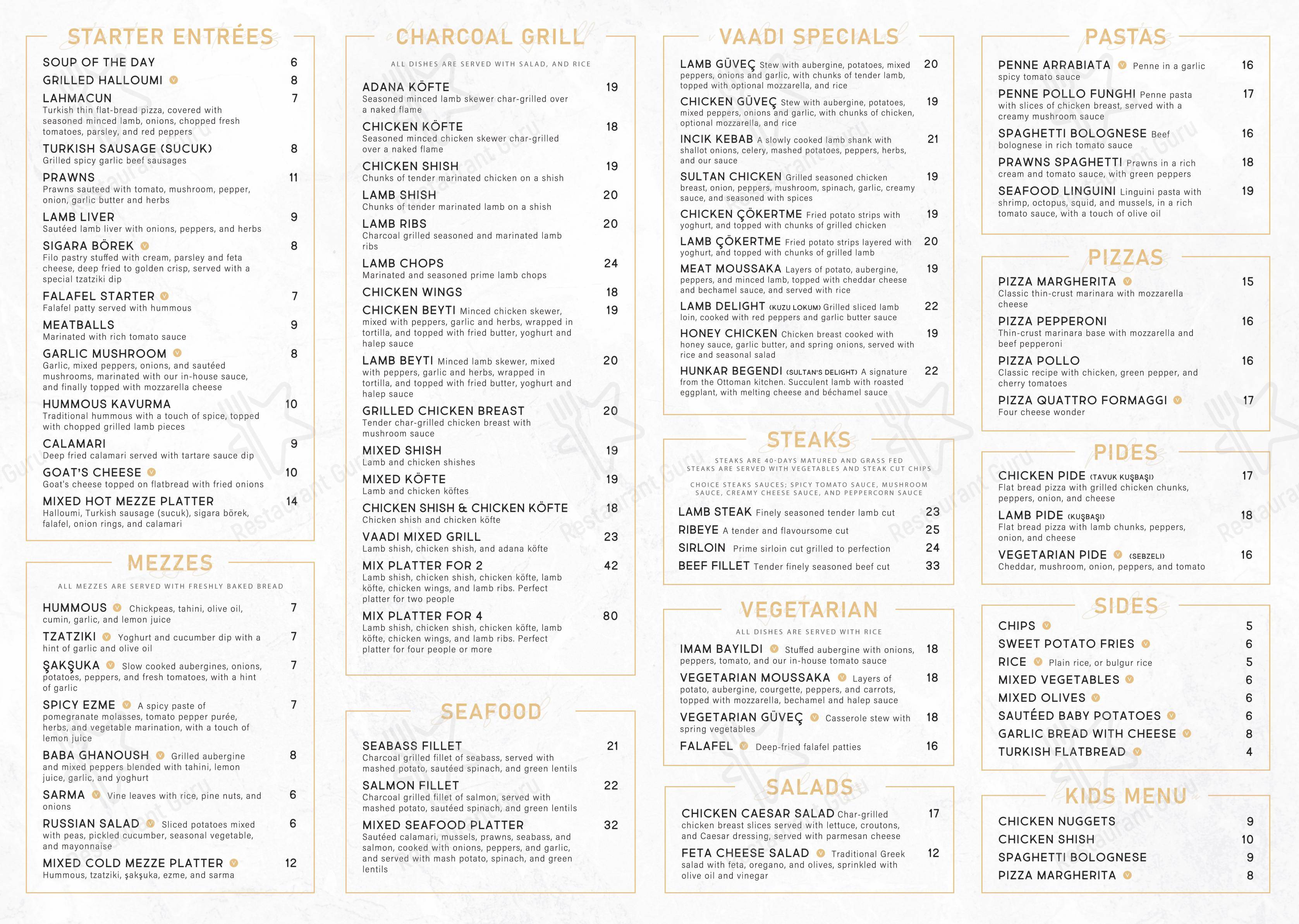 Меню напитков ресторана Vaadi Mediterranean Restaurant в Ноттингеме