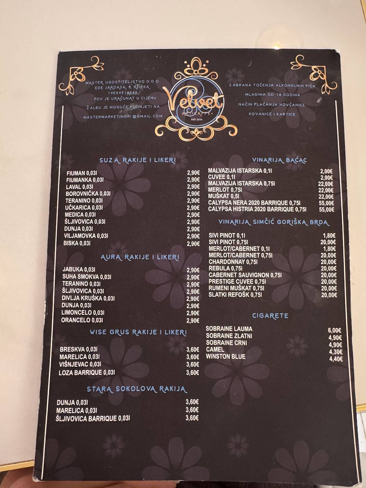 Velvet • Art Caffe • меню