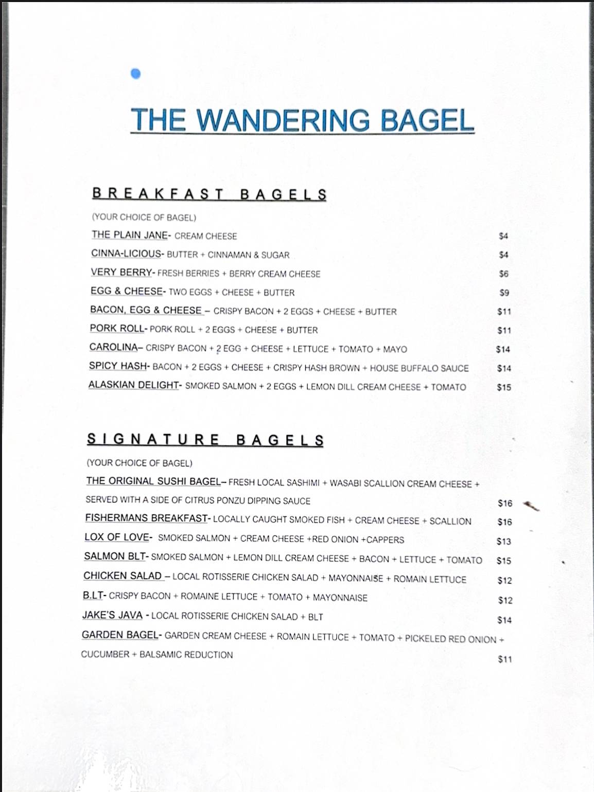 Wandering Bagel меню