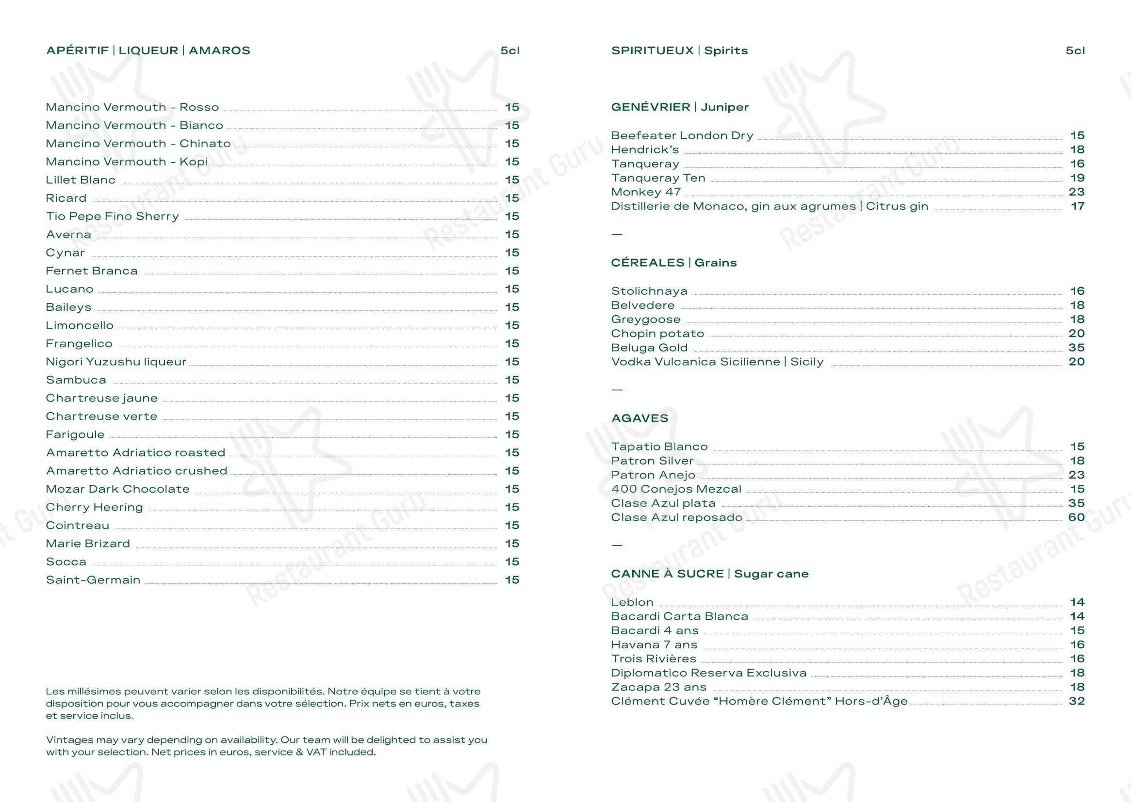 Меню Le 3e Restaurant - Terrasse - блюда и напитки