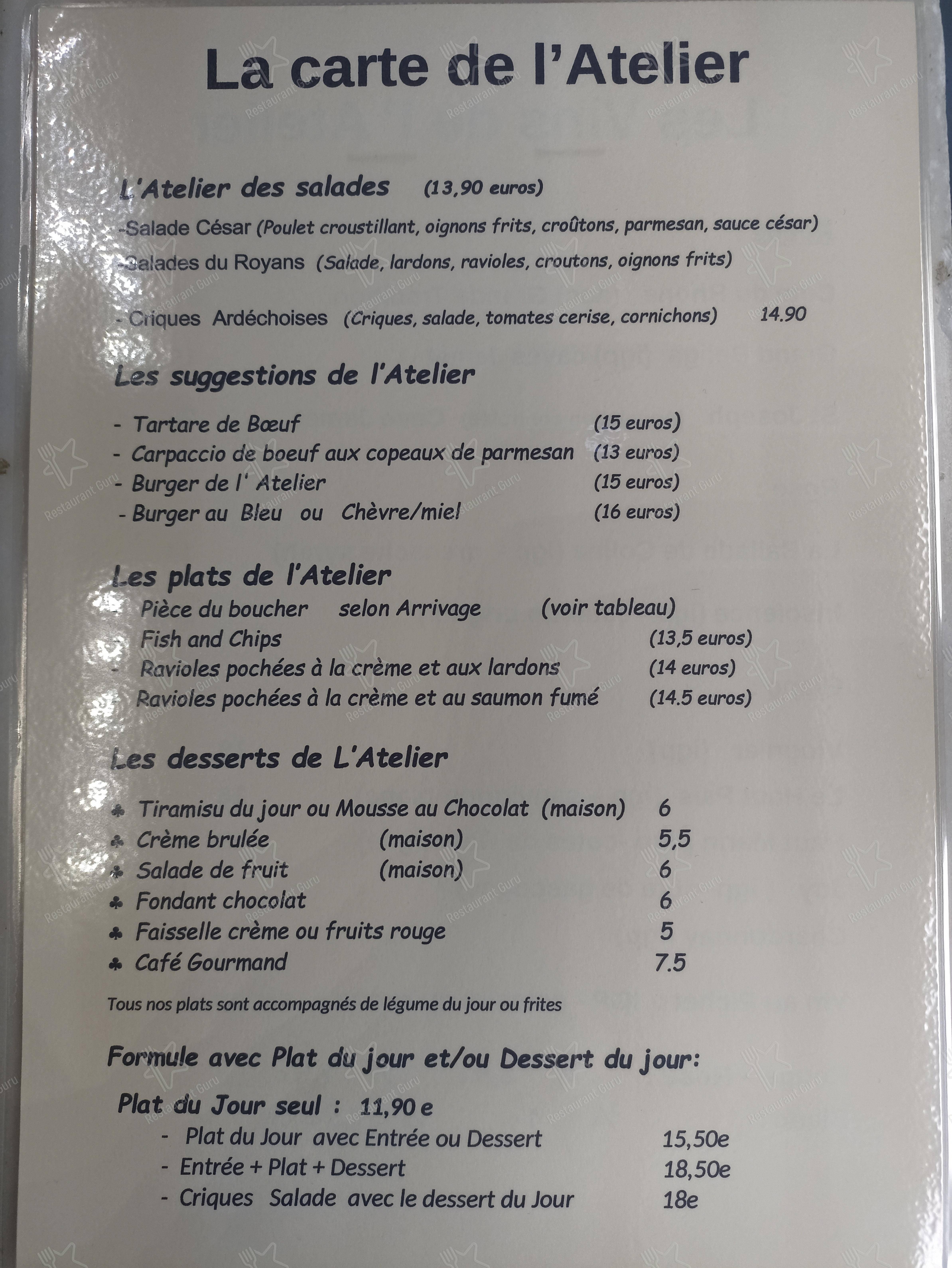 l'Atelier в Валансе - Меню