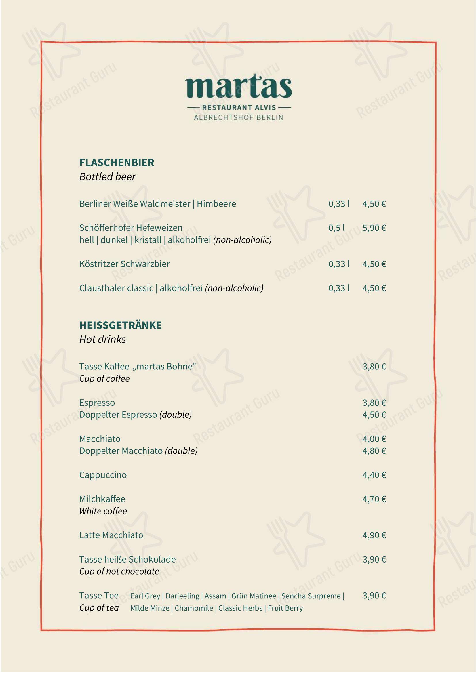 Меню ресторана martas Restaurant Alvis в Берлине