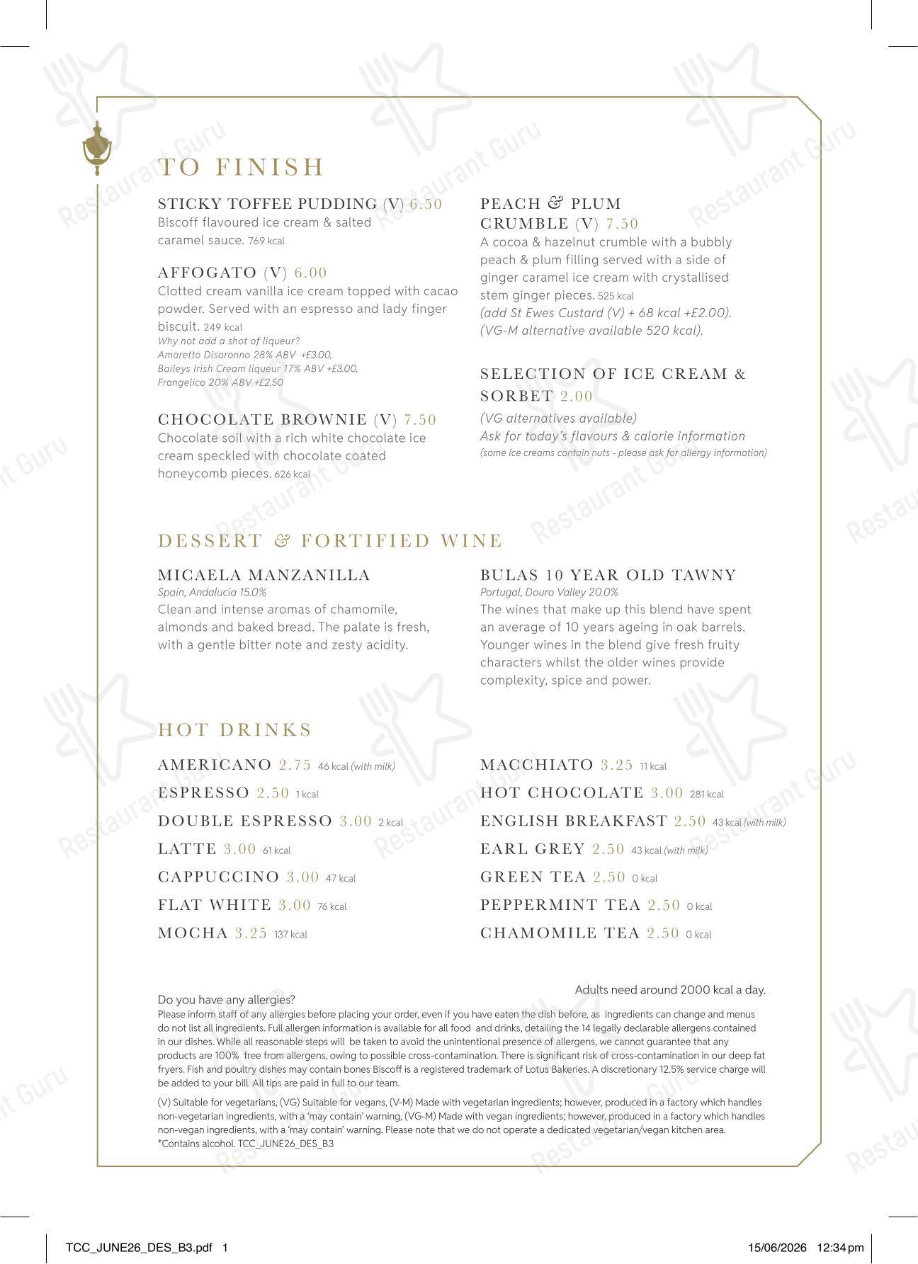Меню паба и бара Bonds Mayfair - Lunch Menu