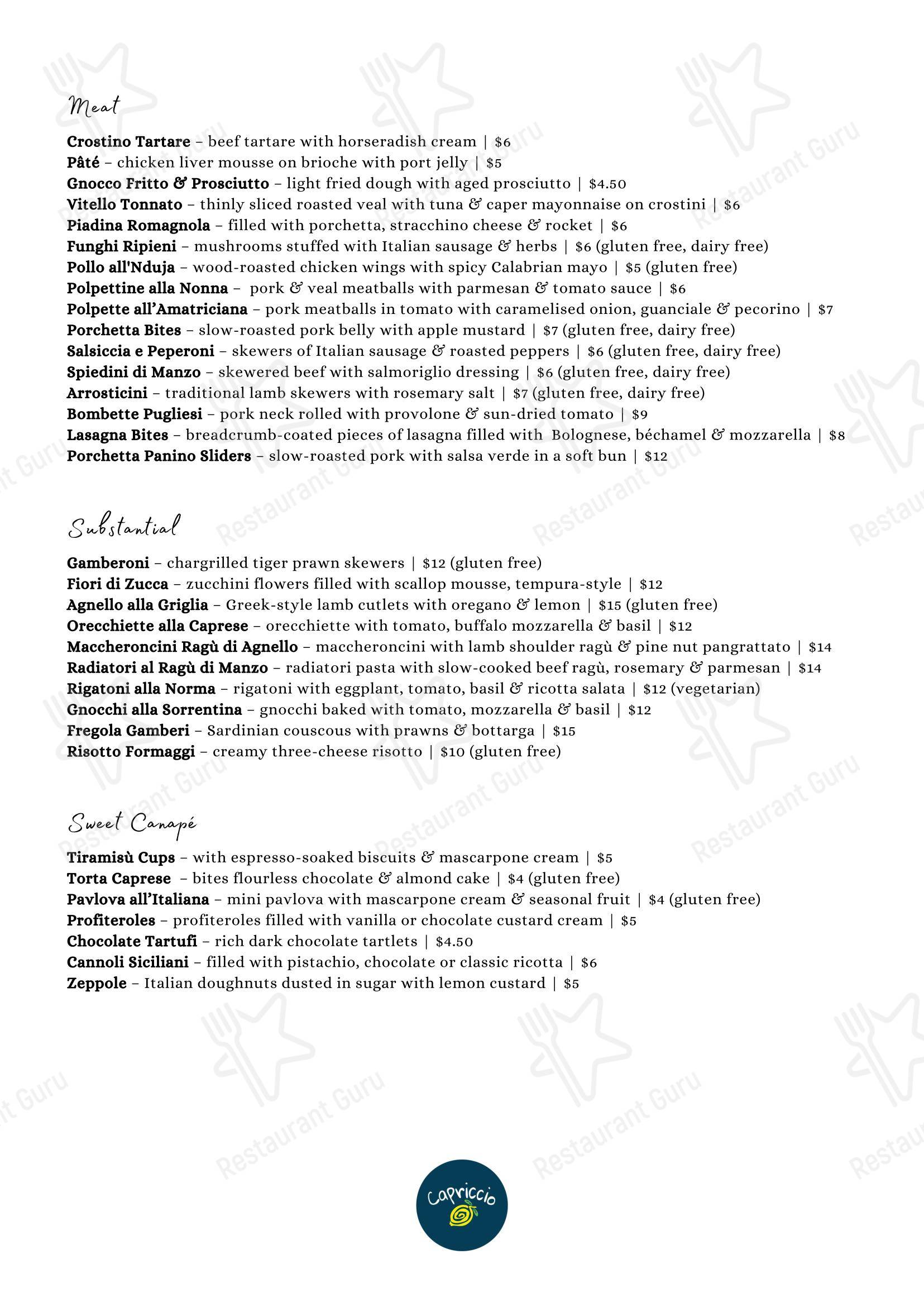 Меню паба и бара Capriccio Osteria Italian Restaurant in Leichhardt Sydney в Лейхгардте