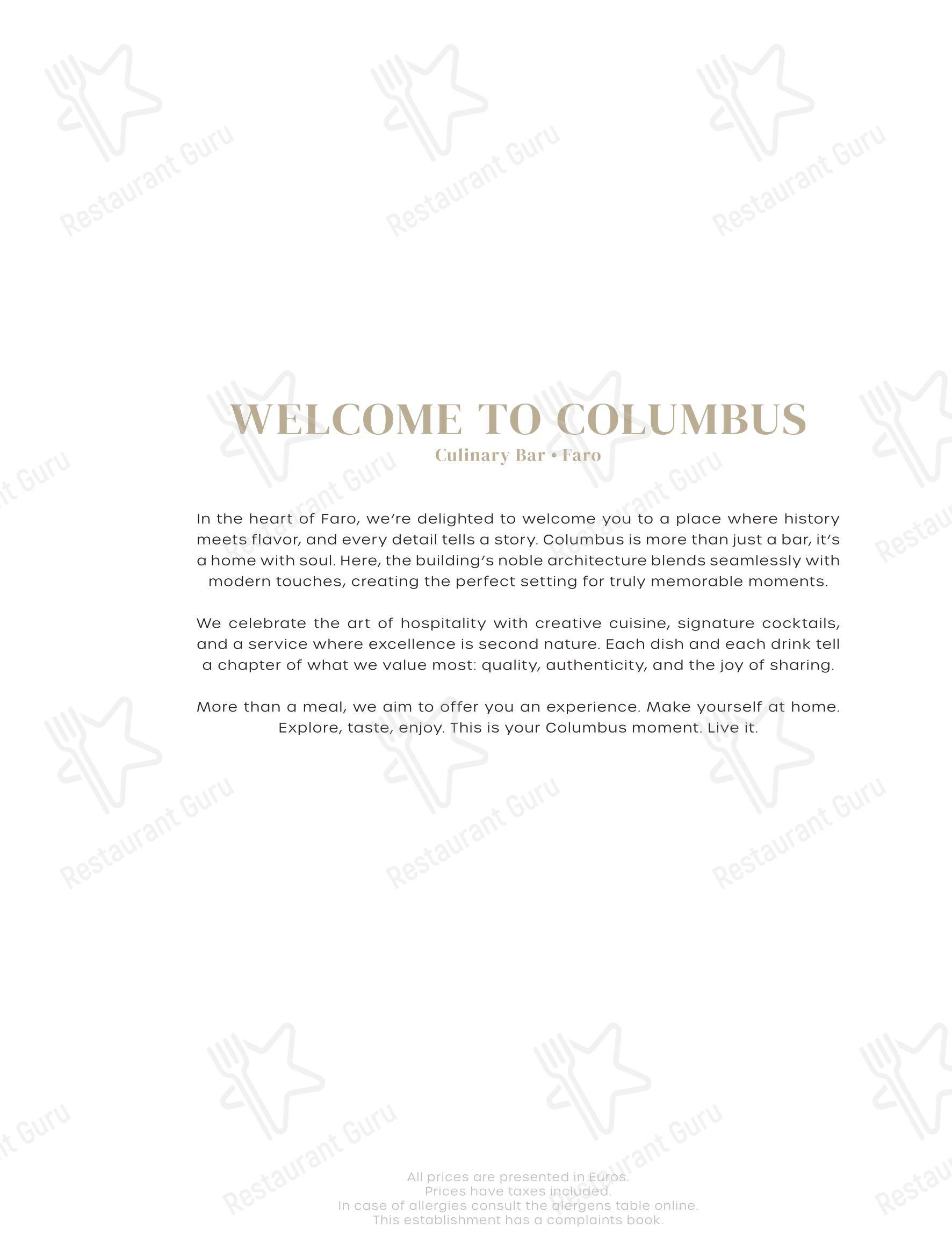 Меню ресторана Columbus Culinary Bar в Фаро