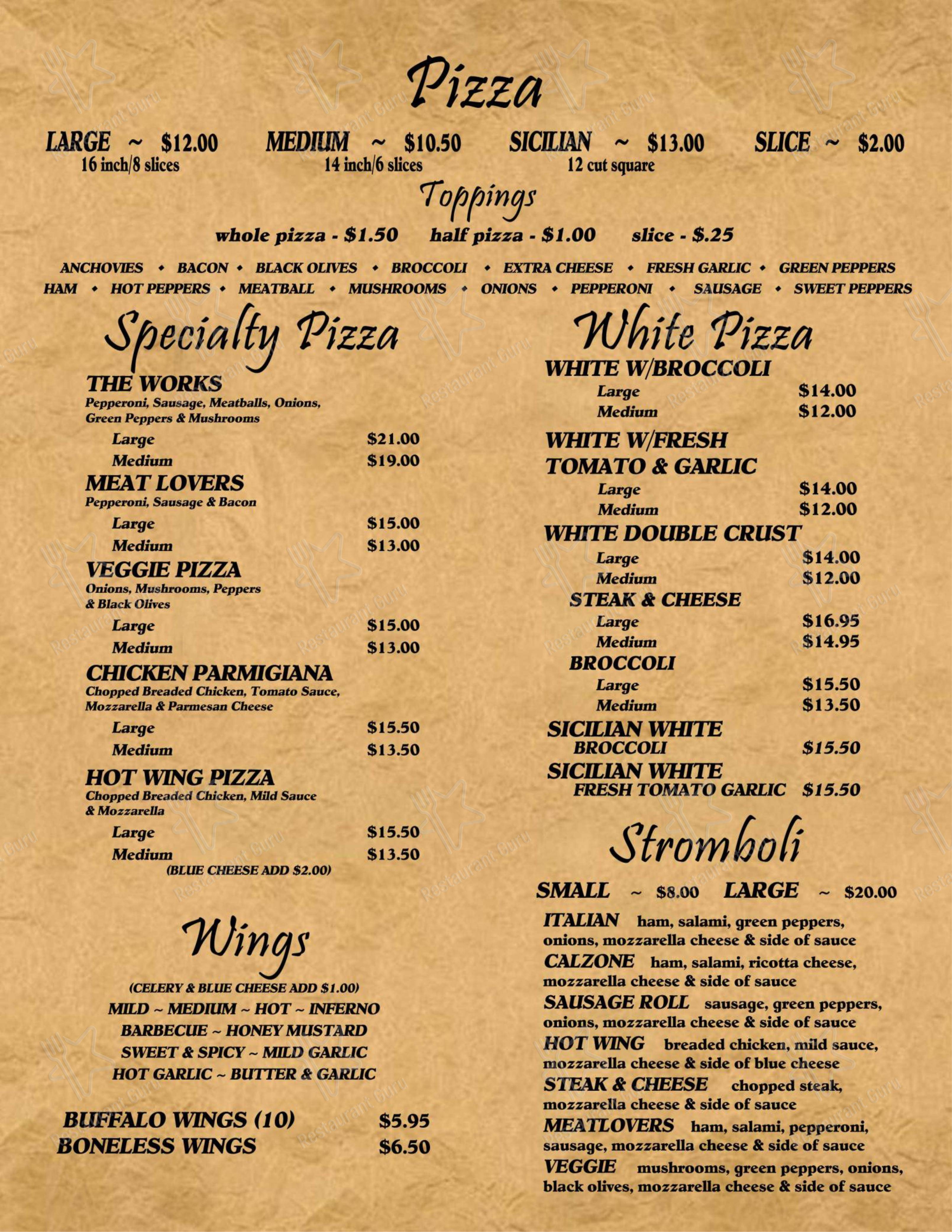 Основное меню пиццерии Grande Pizza & Family Restaurant в Музике