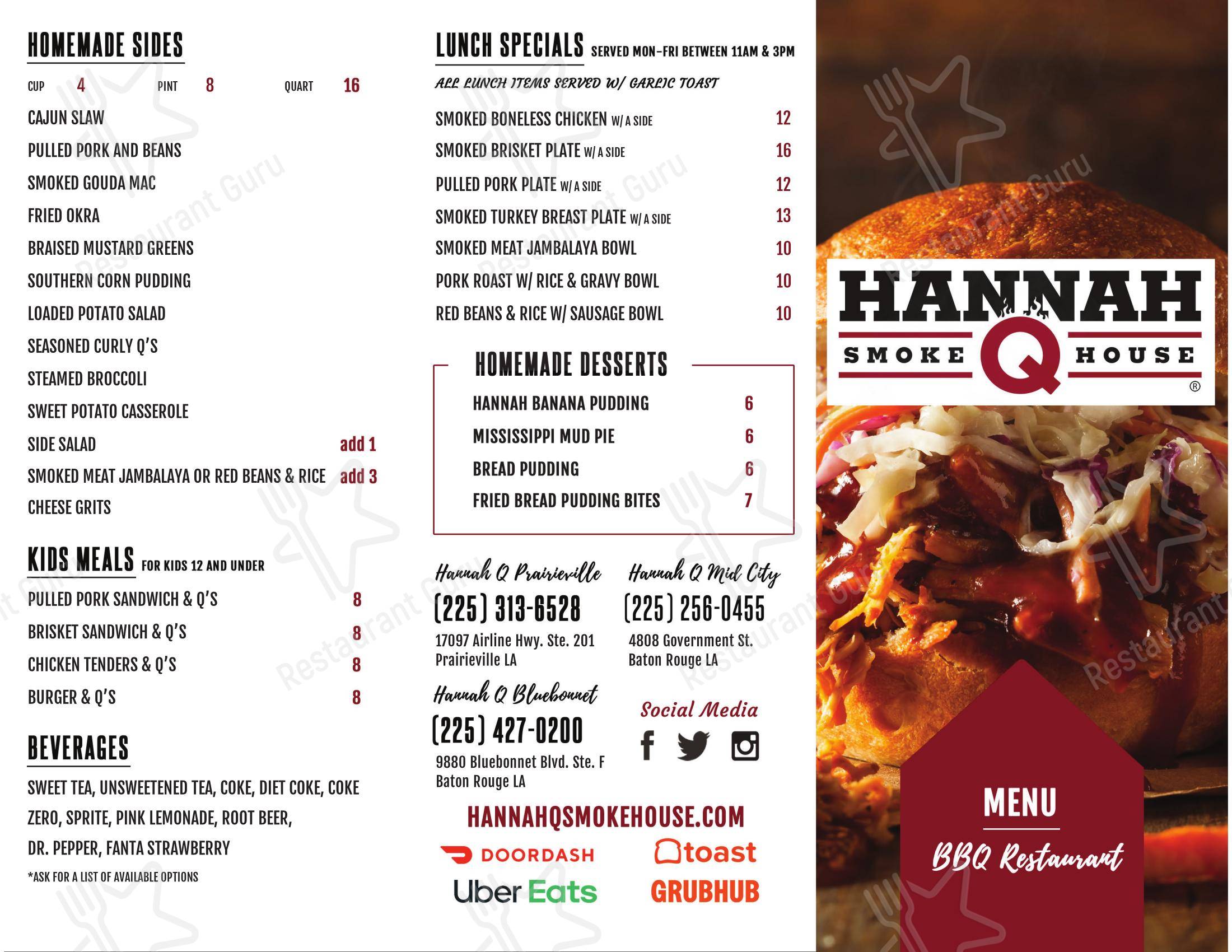 Меню барбекю Hannah Q Smokehouse - 菜单