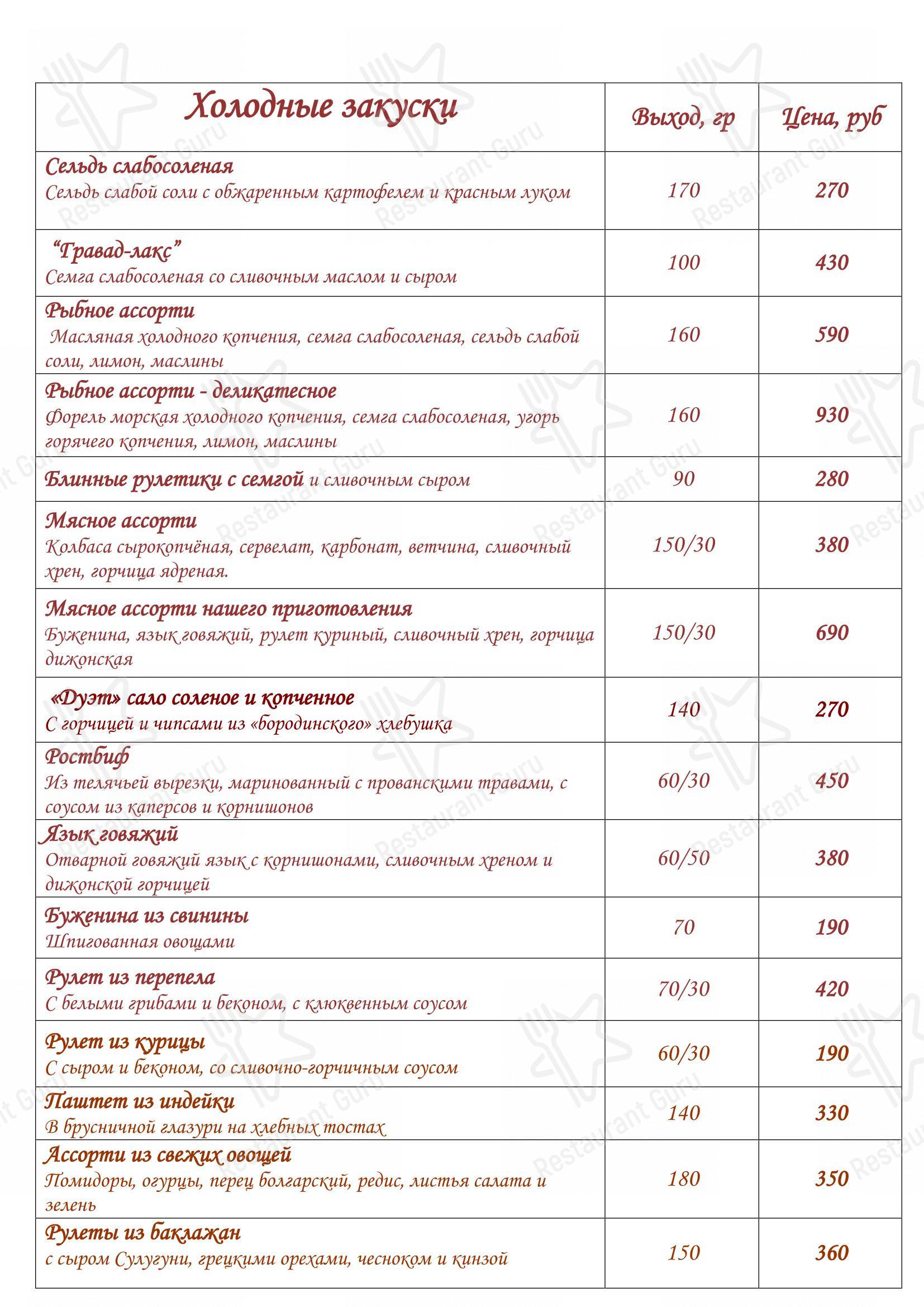 Ночное меню ресторана Палех в Екатеринбурге