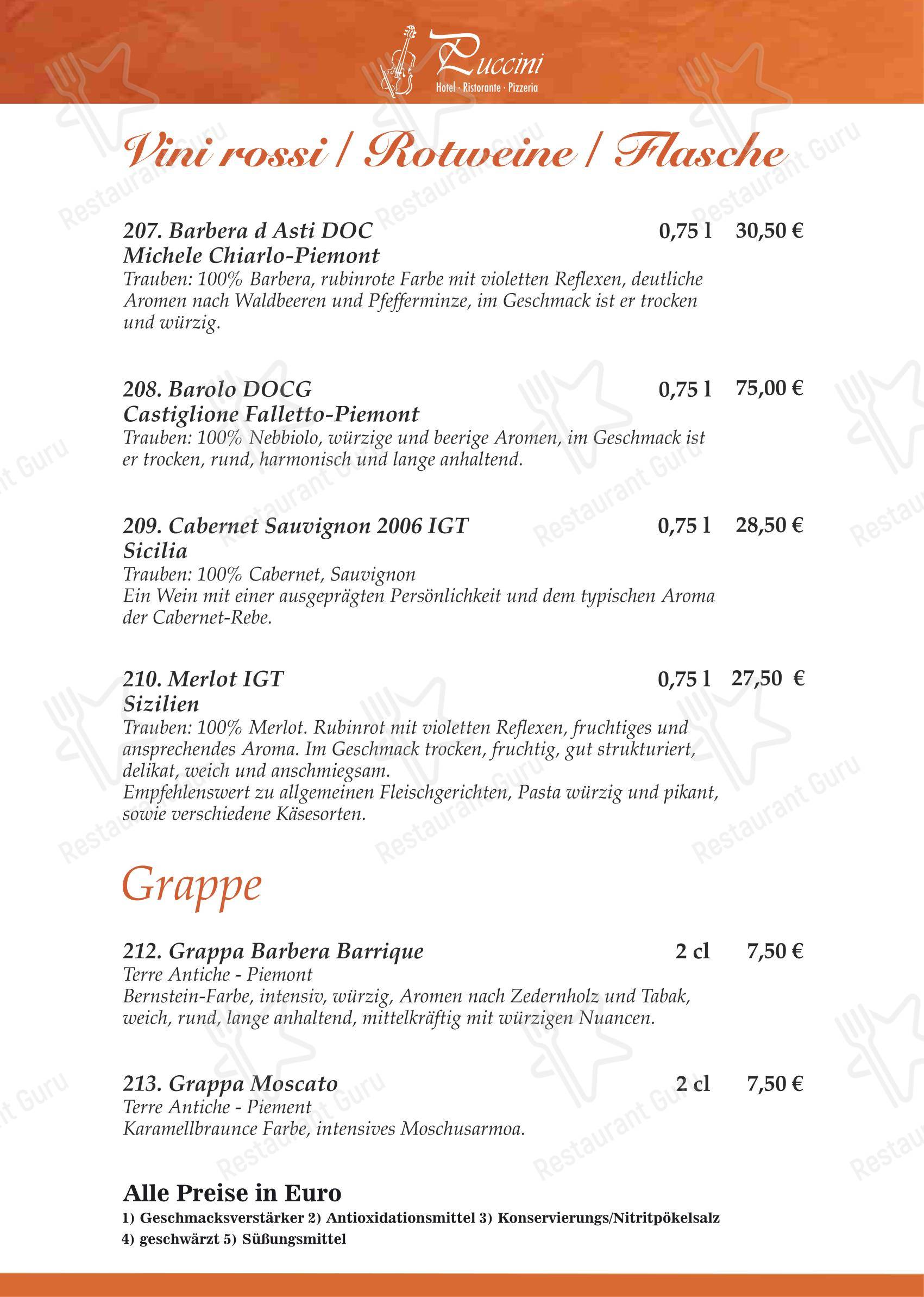 Меню ресторана Ristorante & Hotel Puccini Rastatt