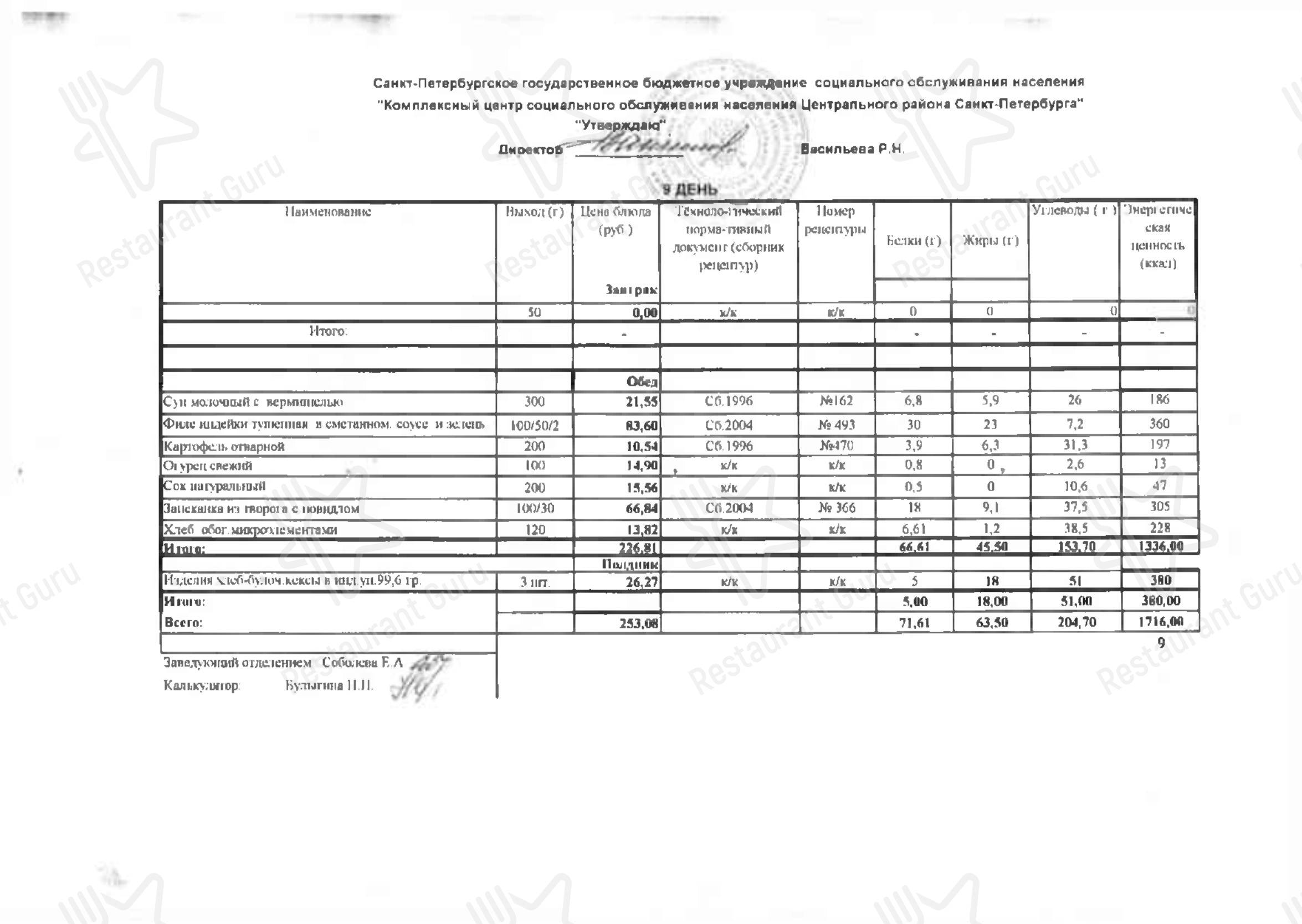Меню ресторана Социальная cтоловая