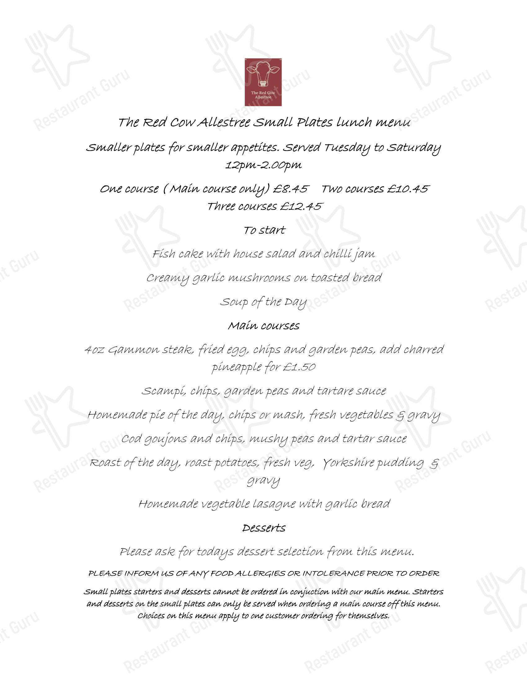 Меню паба и бара The Red Cow - Takeaway Menu