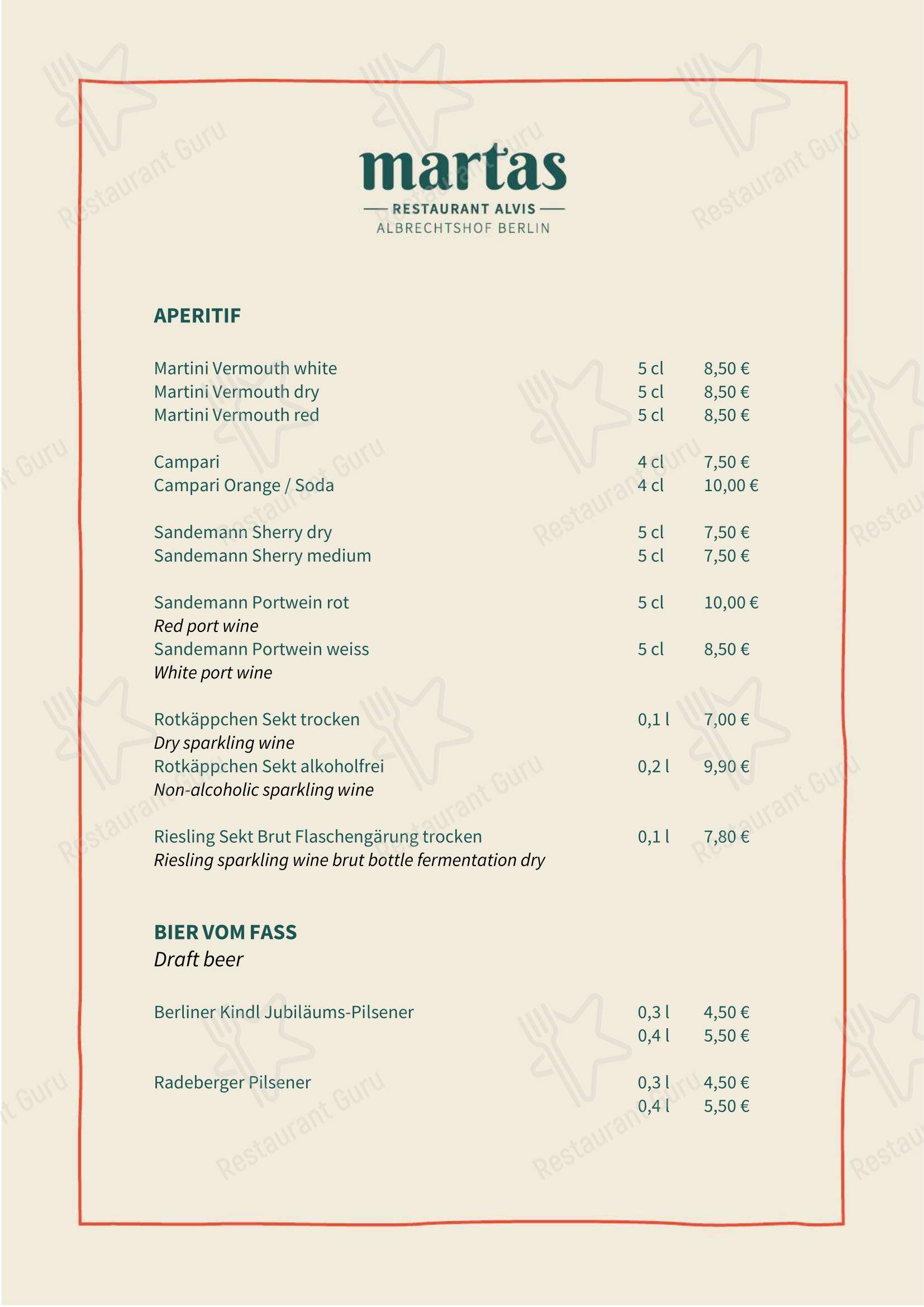 martas Restaurant Alvis в Берлине - Меню