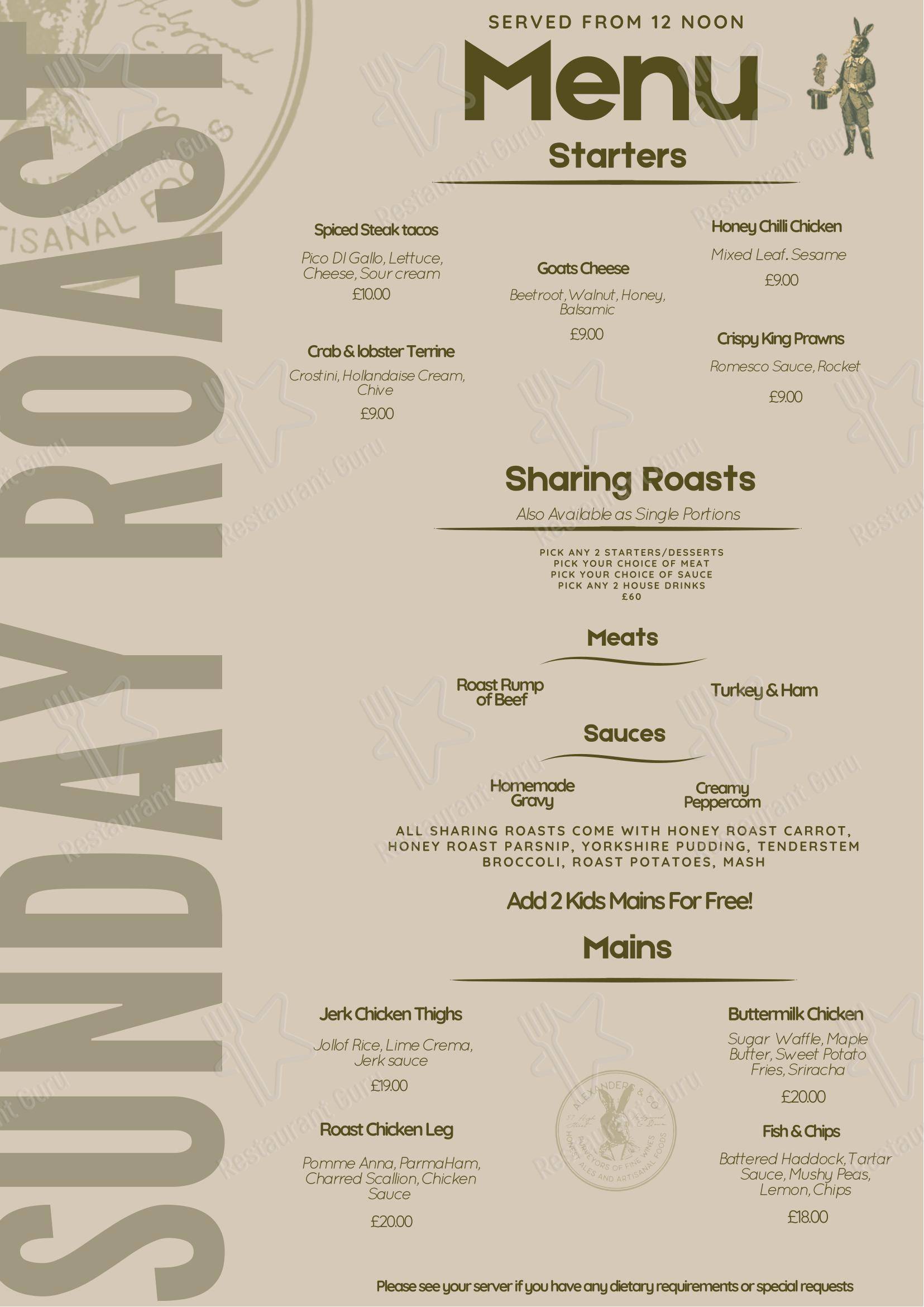 Меню паба и бара Alexanders & Co - Breakfast Menu