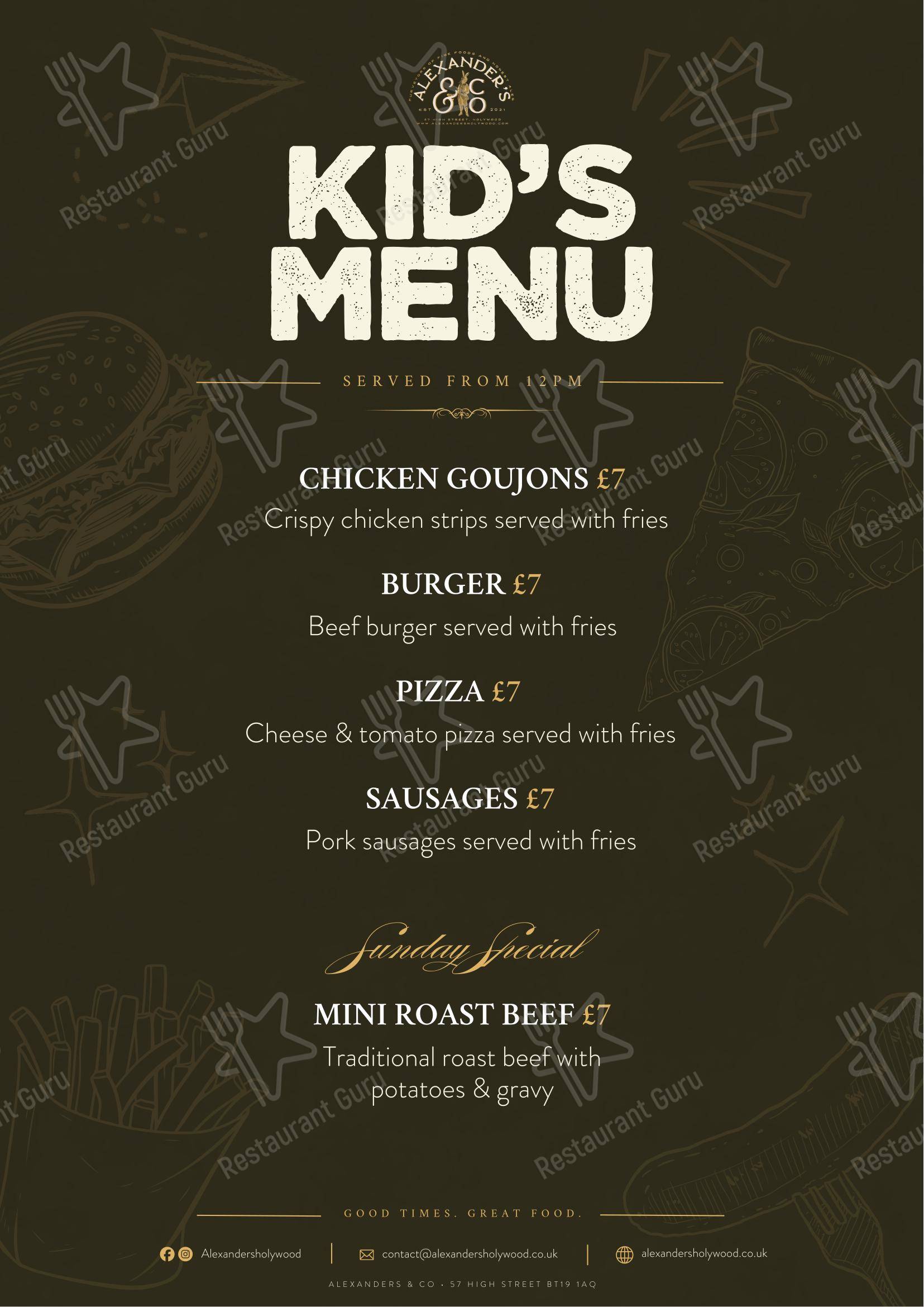 Dinner Menu паба и бара Alexanders & Co