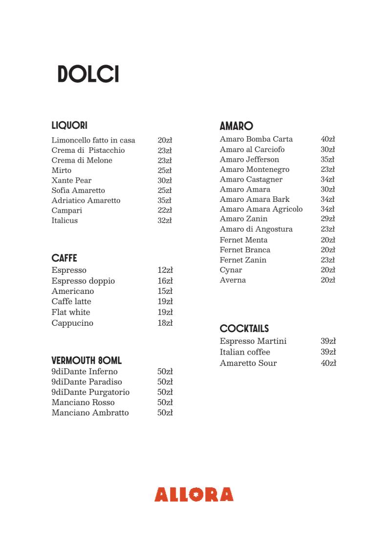 Allora Ristorante restauracja włoska Warszawa меню