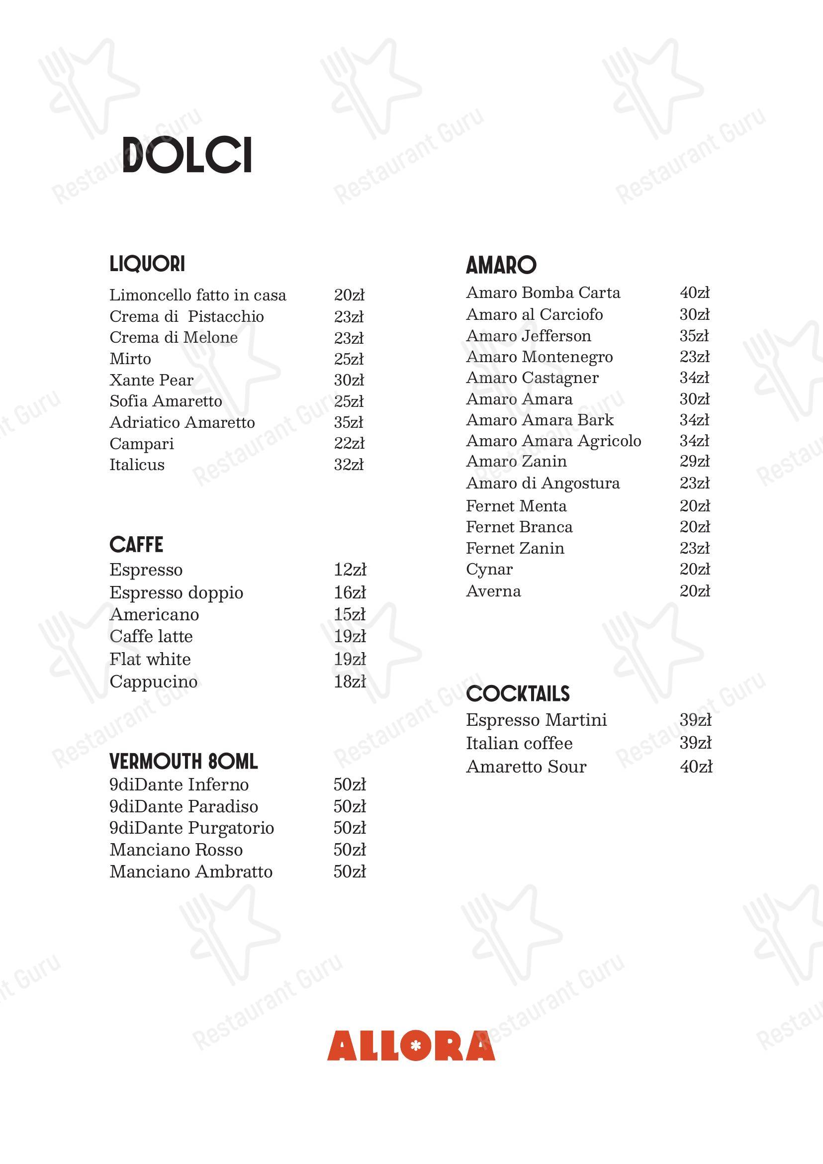 Основное меню ресторана Allora Ristorante restauracja włoska Warszawa