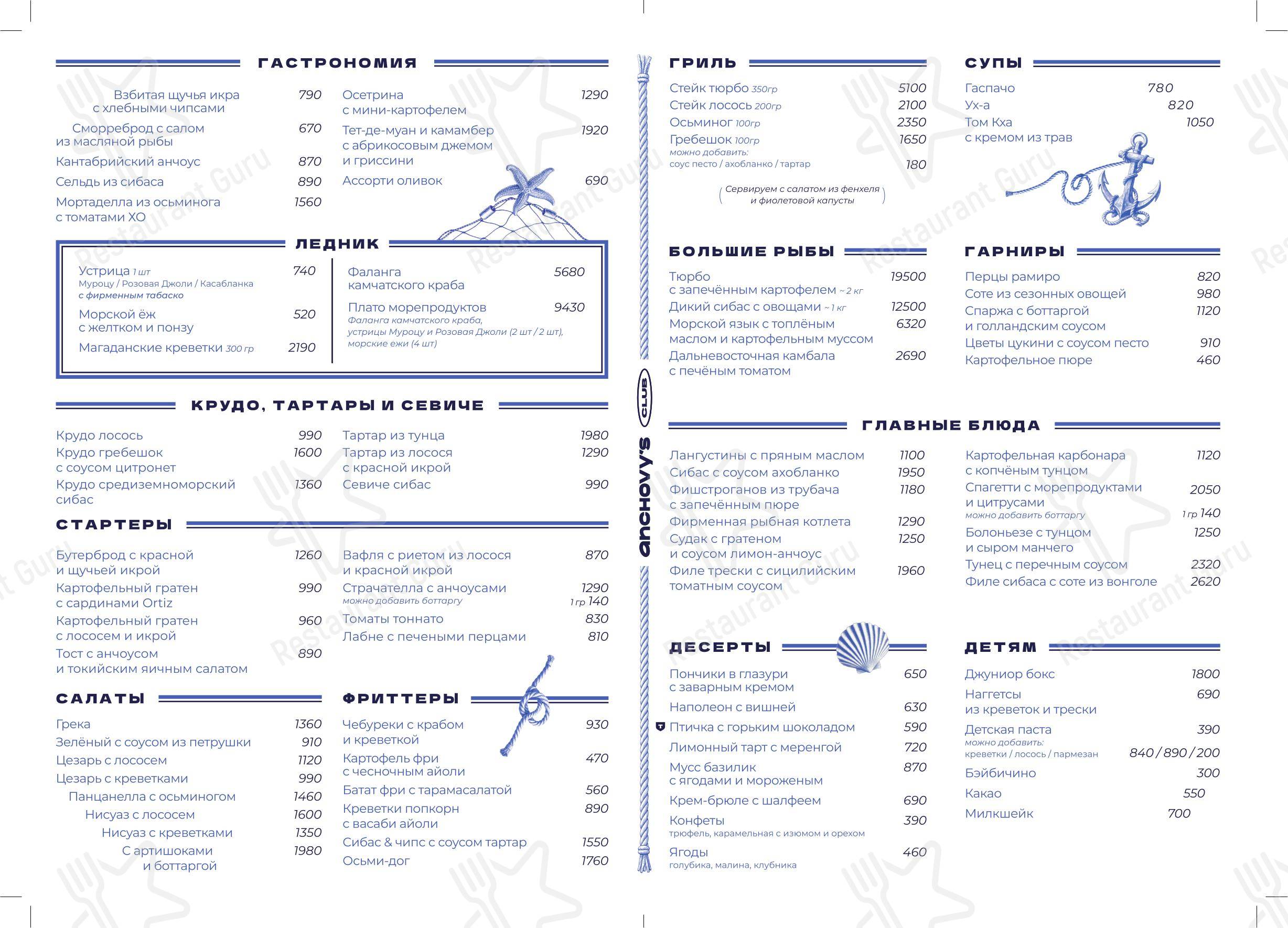 Anchovy’s Club в Москве - Основное меню