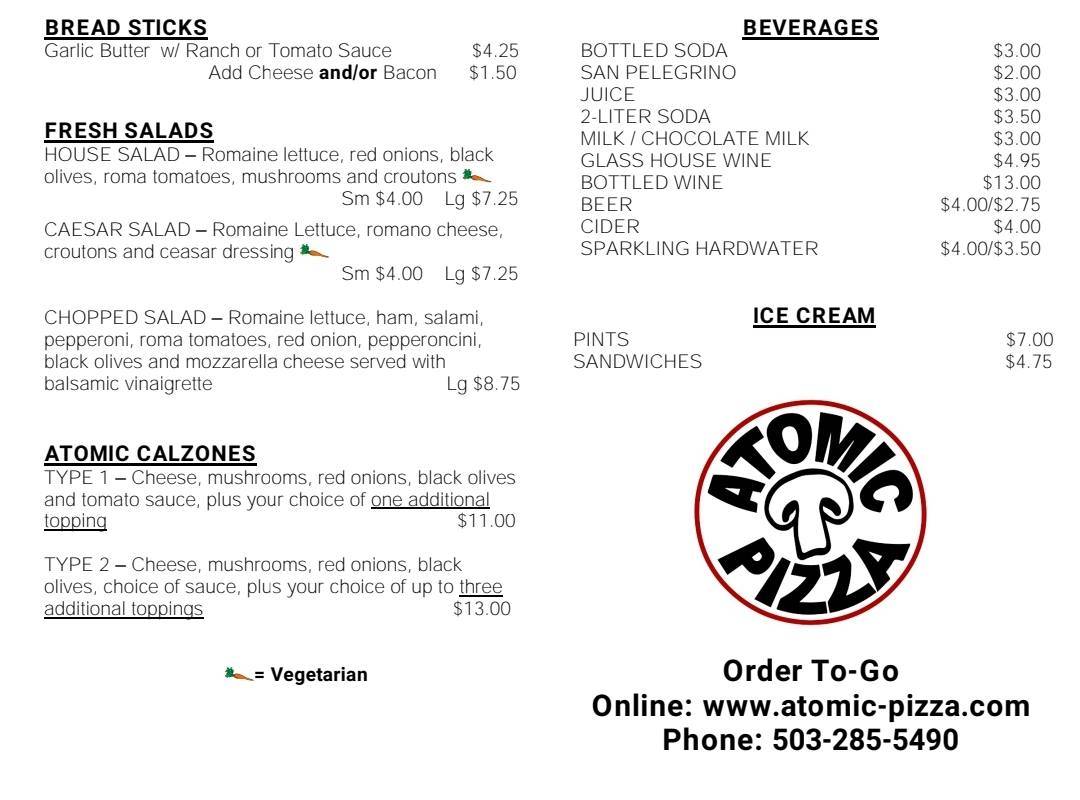 Atomic Pizza меню