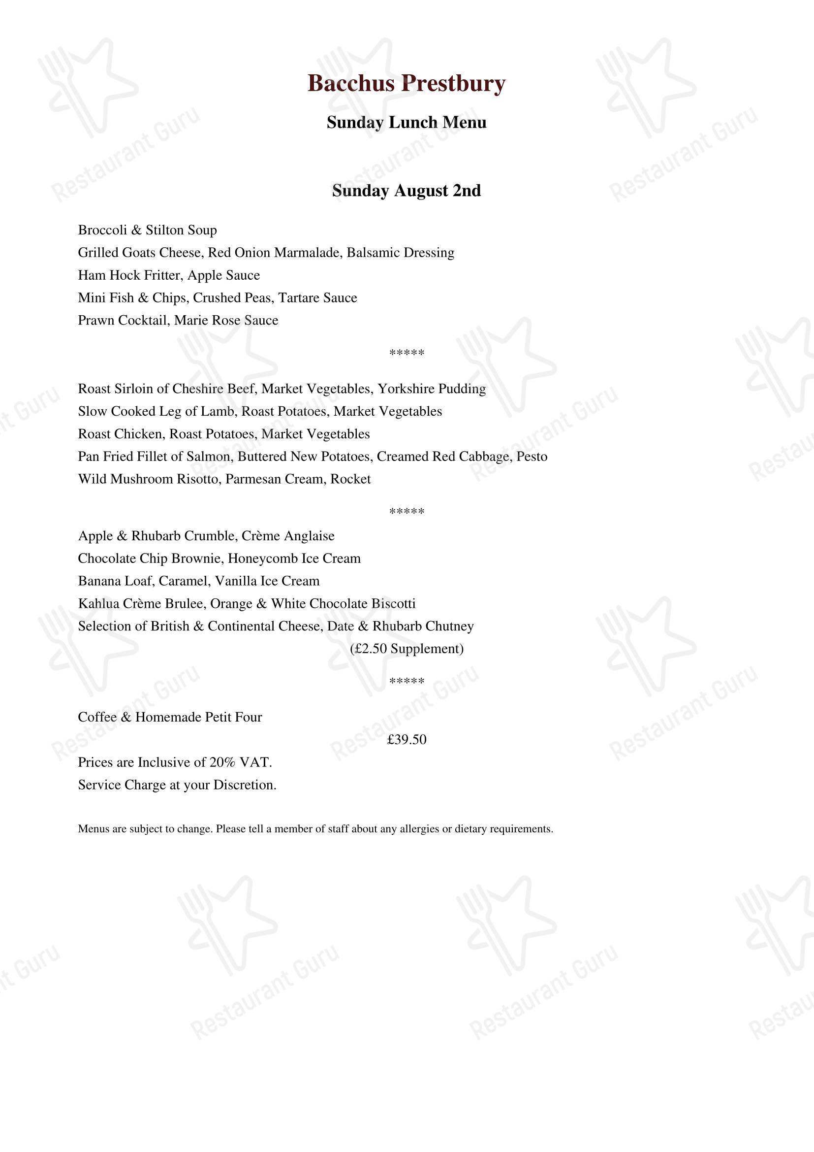 Коктейльная карта ресторана Bacchus Restaurant & Champagne Bar в Маклсфилде