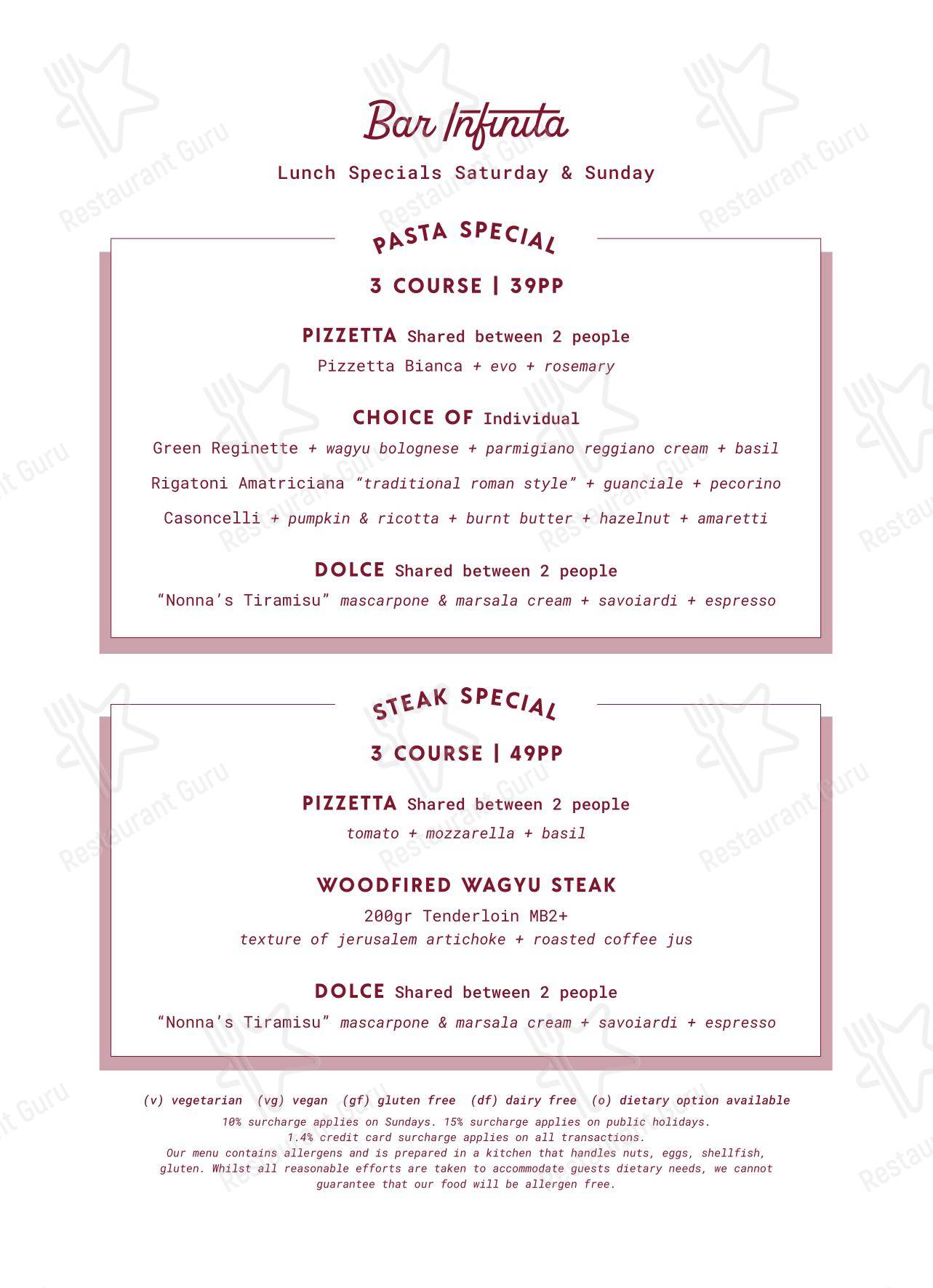 Bar Infinita в Гордоне - Group Booking Menu