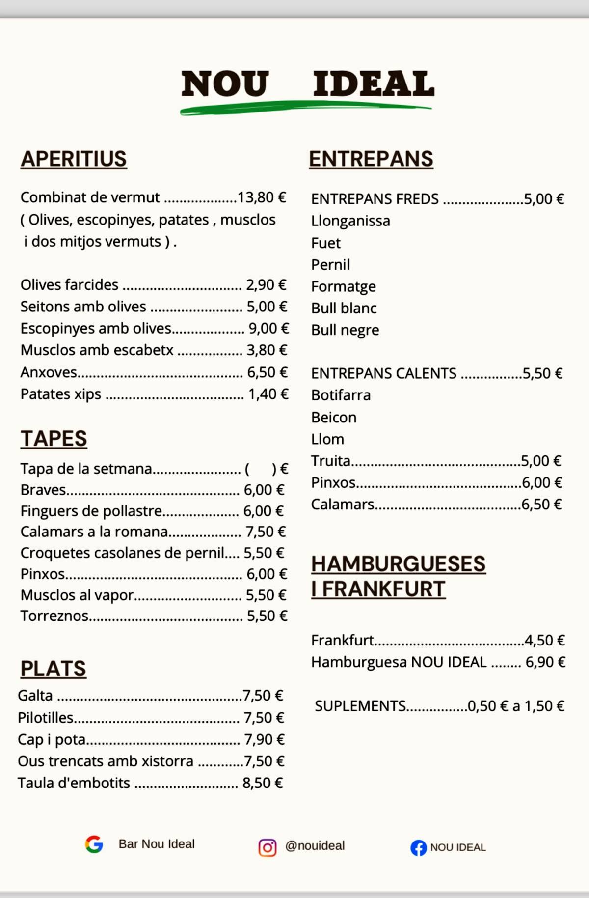 Bar Nou Ideal меню