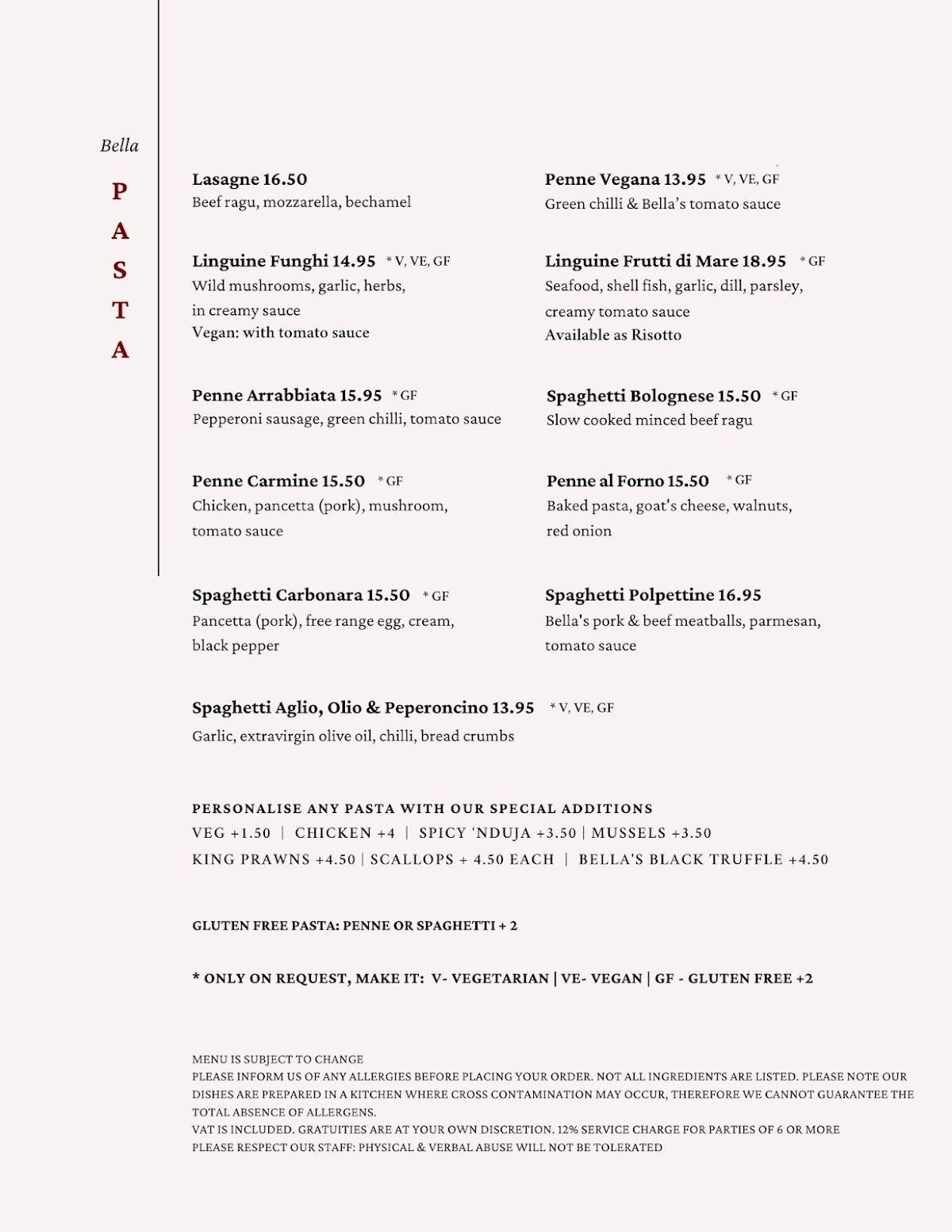 Bella Restaurant Ltd меню