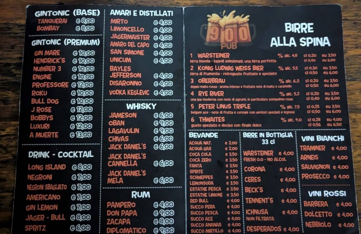 Birreria 900 меню
