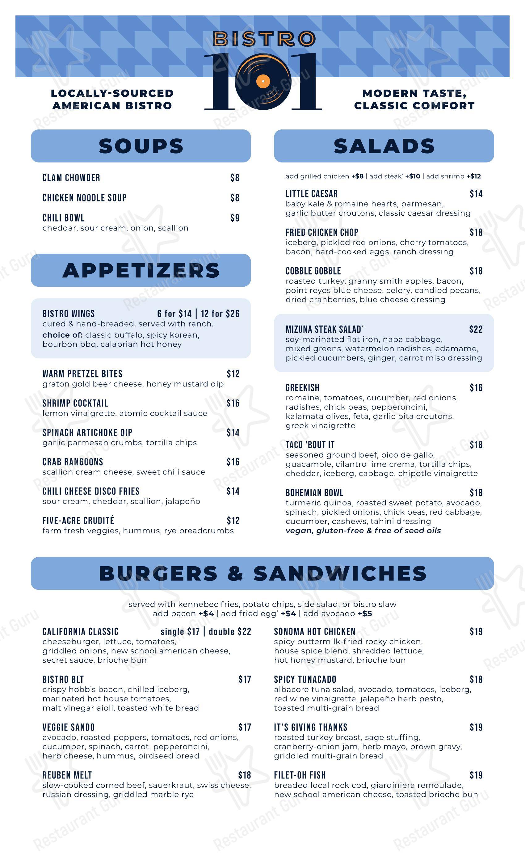 Основное меню ресторана Bistro 101 в Ронерте-Парке