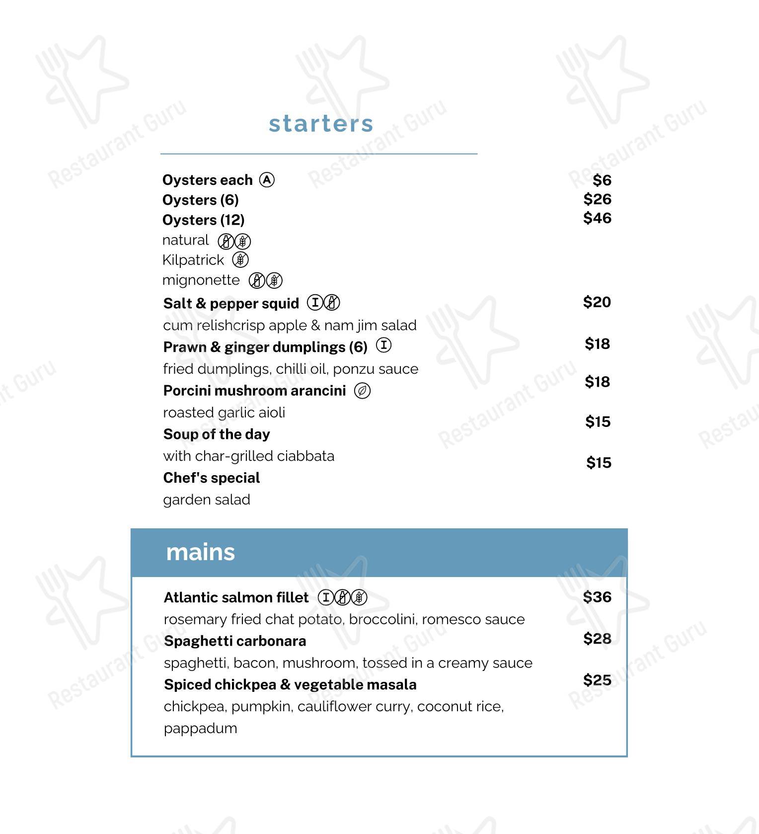 Основное меню ресторана Bistro 65 в Аделаиде