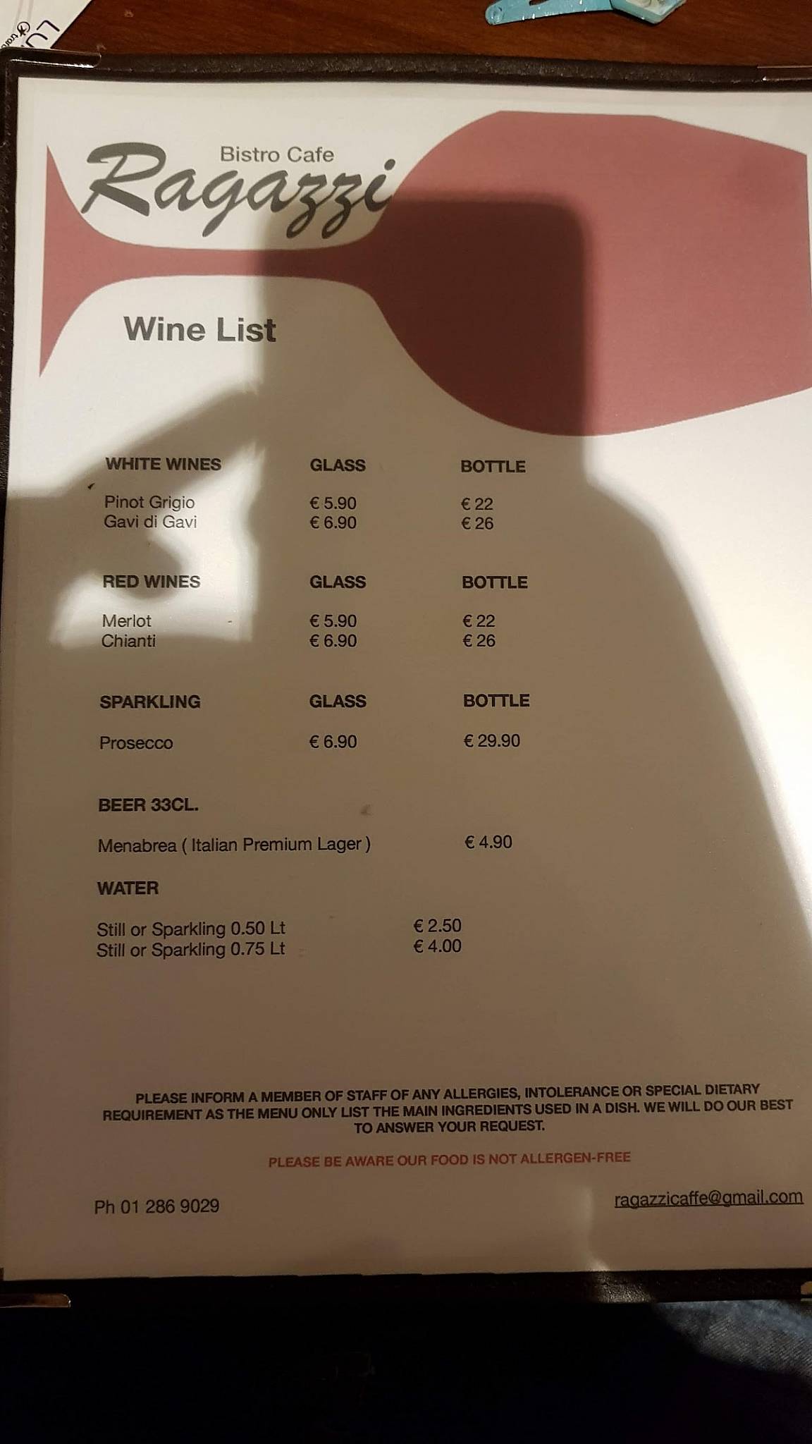 Bistro-Cafe Ragazzi меню