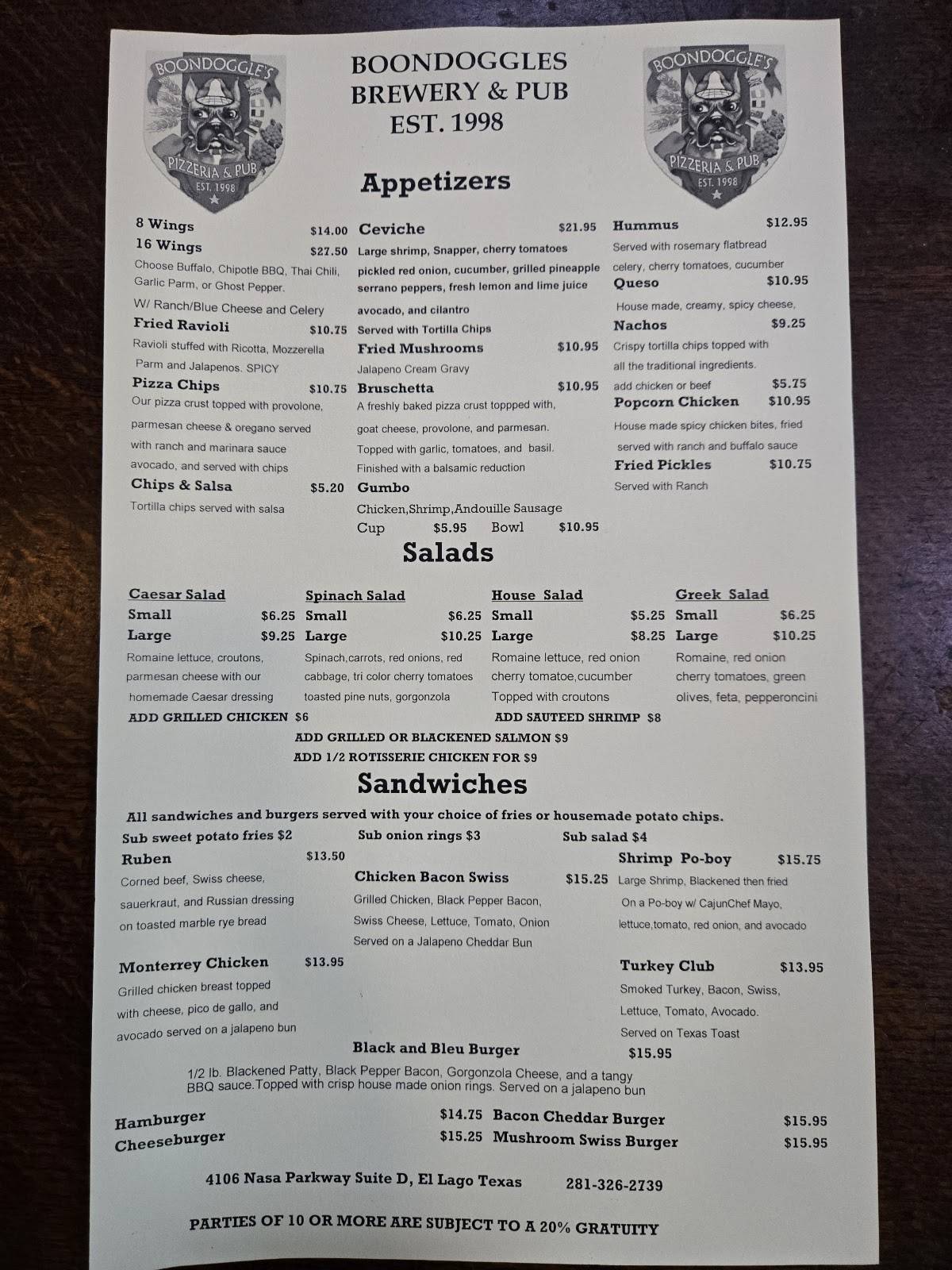 Boondoggle's Pub меню
