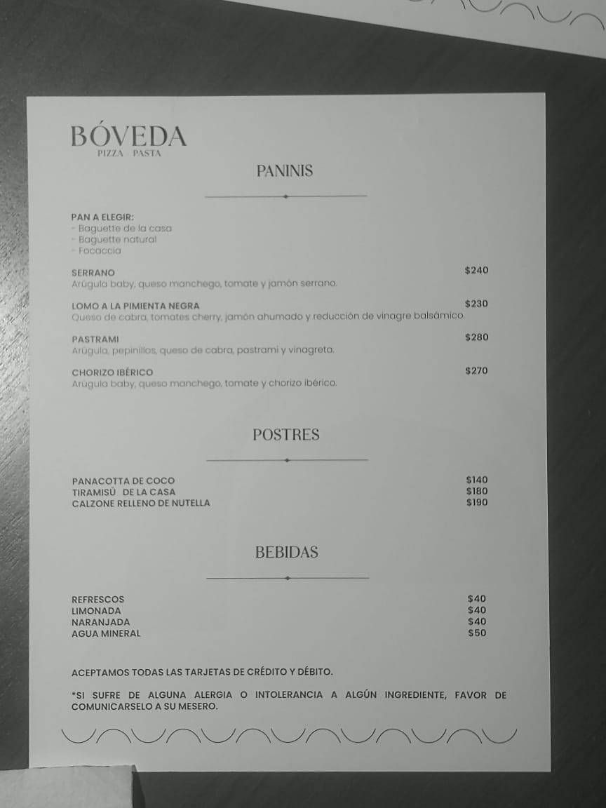 Bóveda меню