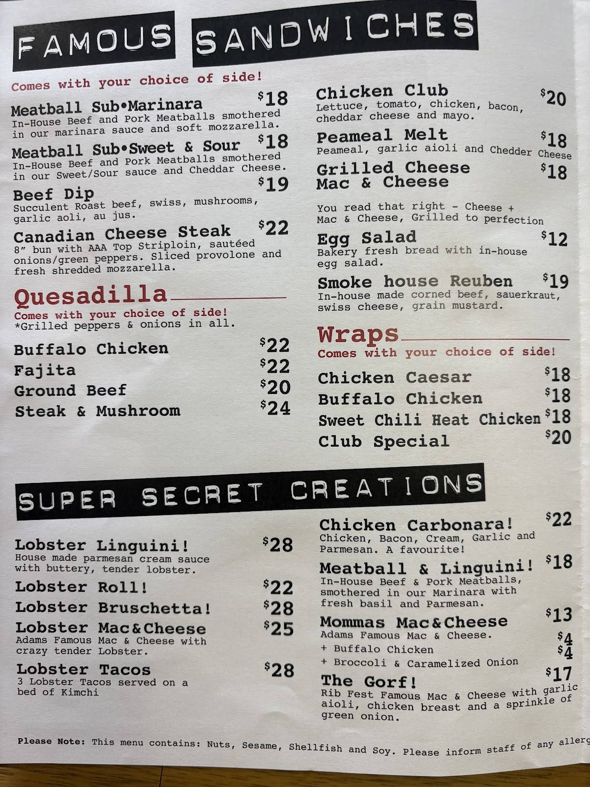 Secret Lunch and Catering меню