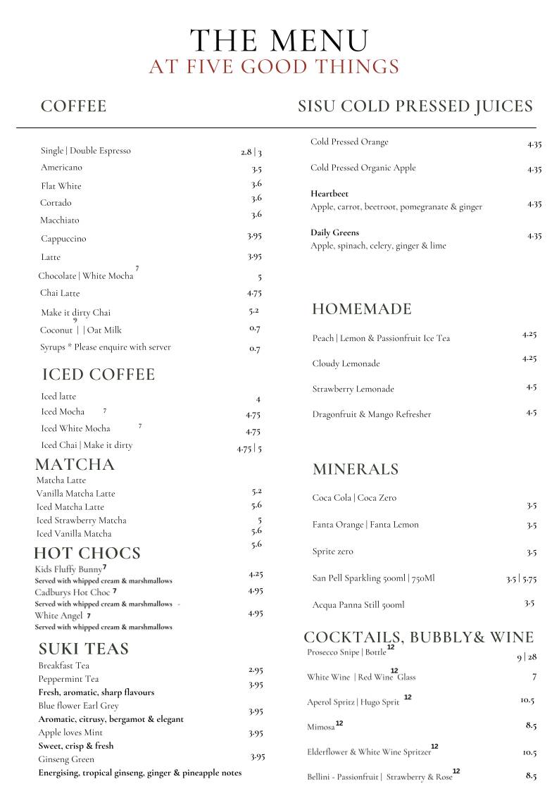 Five Good Things Cafe меню