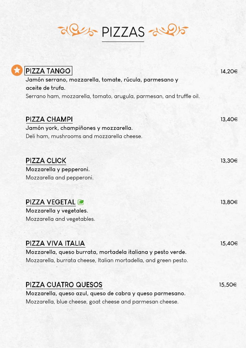 Restaurante Tango - Playa La Fossa меню