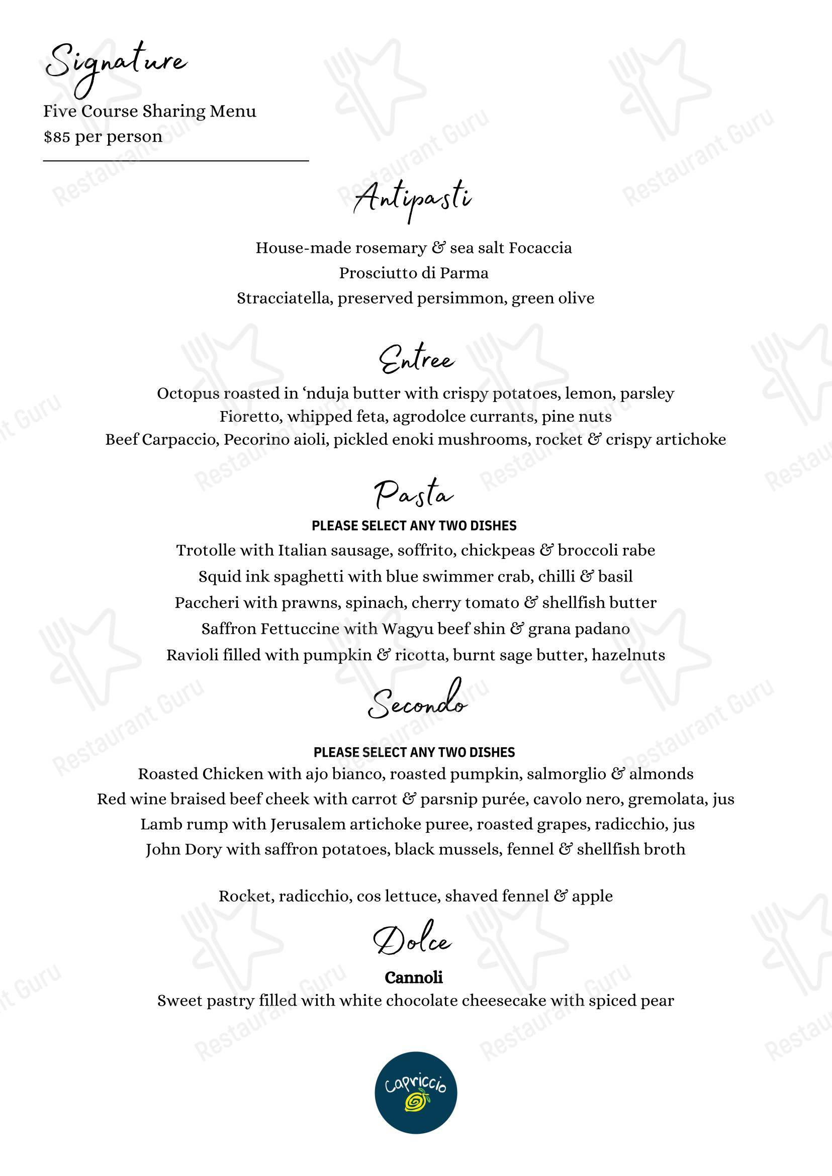 Capriccio Osteria Italian Restaurant in Leichhardt Sydney в Лейхгардте - Меню