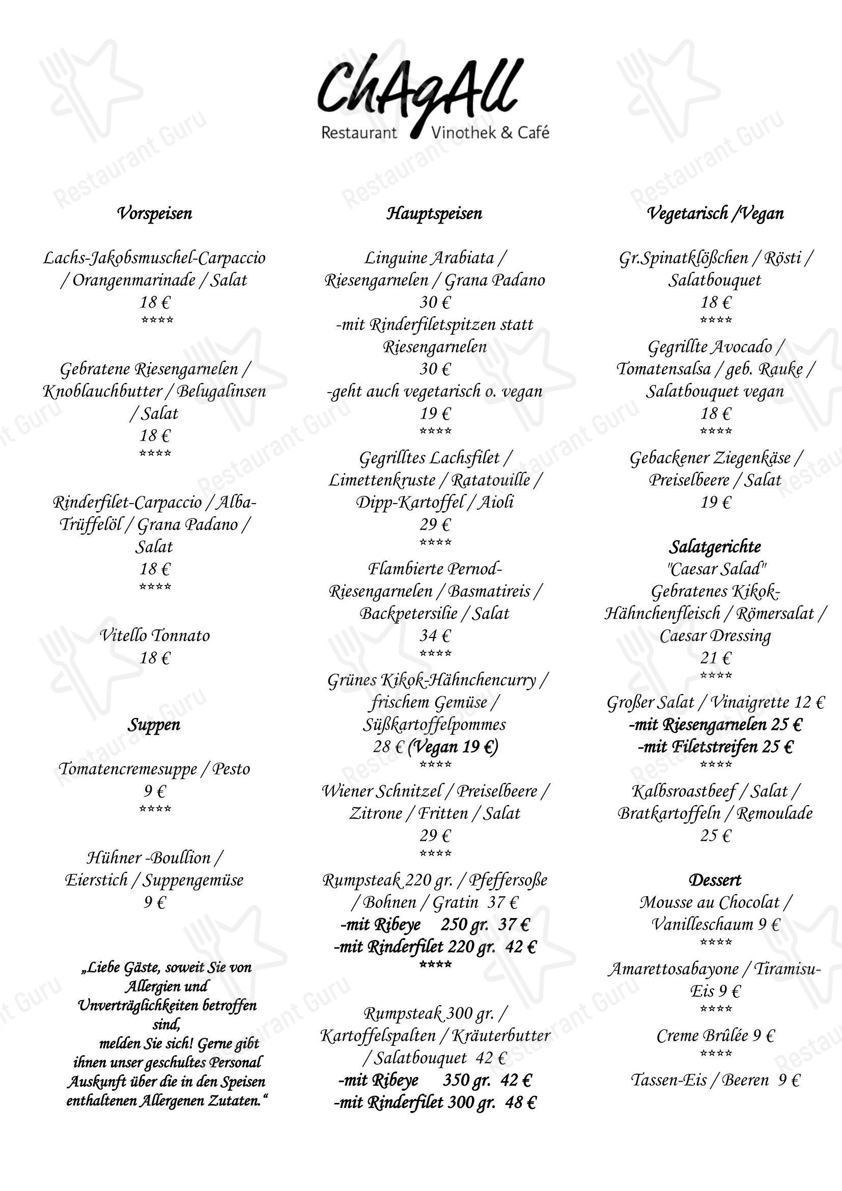 菜单 паба и бара Chagall Restaurant, Vinothek & Café в Альне