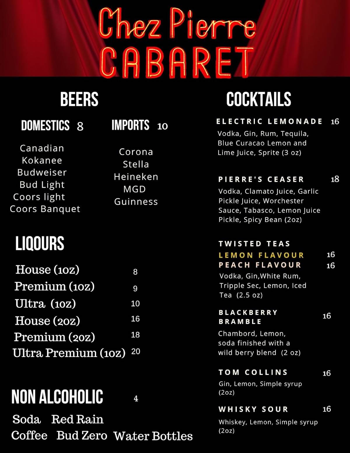 Chez Pierre Cabaret меню