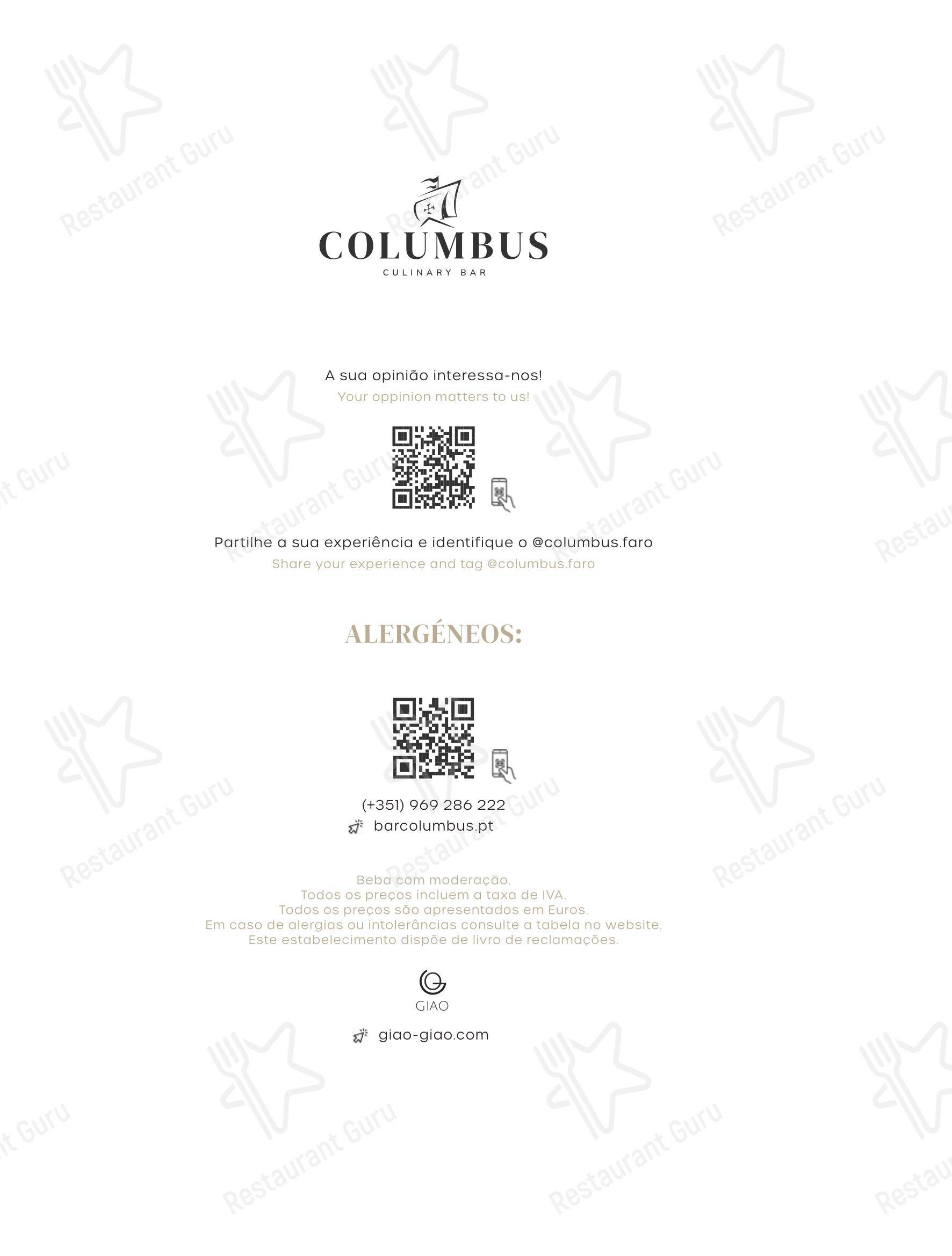 菜单 ресторана Columbus Culinary Bar