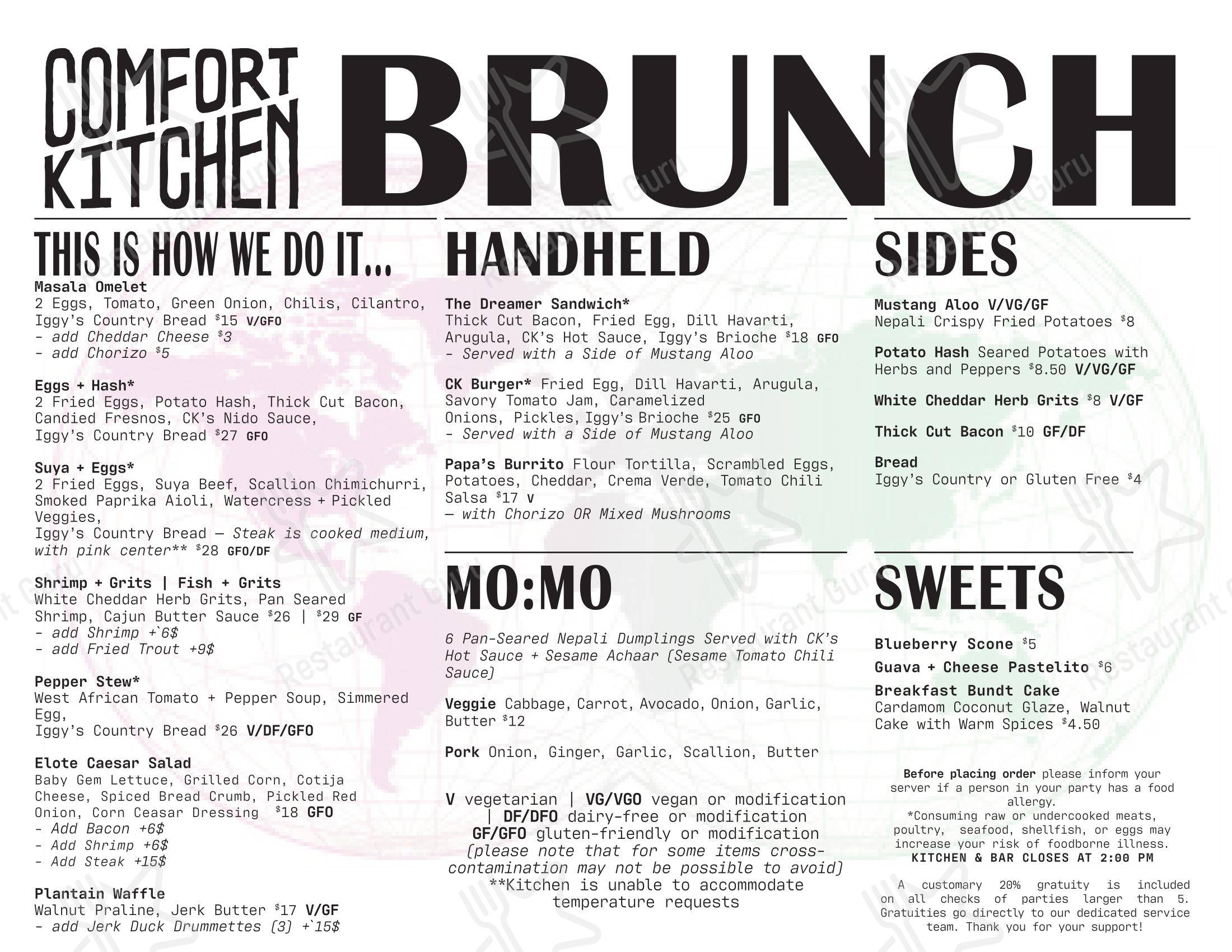 Takeaway Menu ресторана Comfort Kitchen в Бостоне