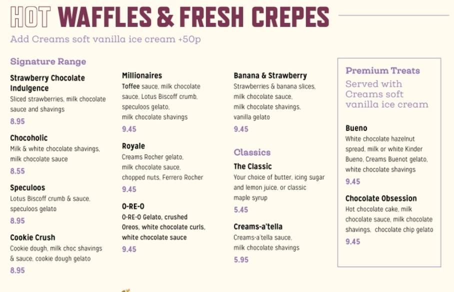 Creams Coventry меню