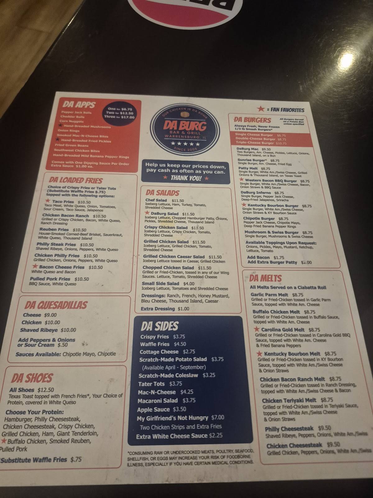 Da Burgs Bar & Grill меню
