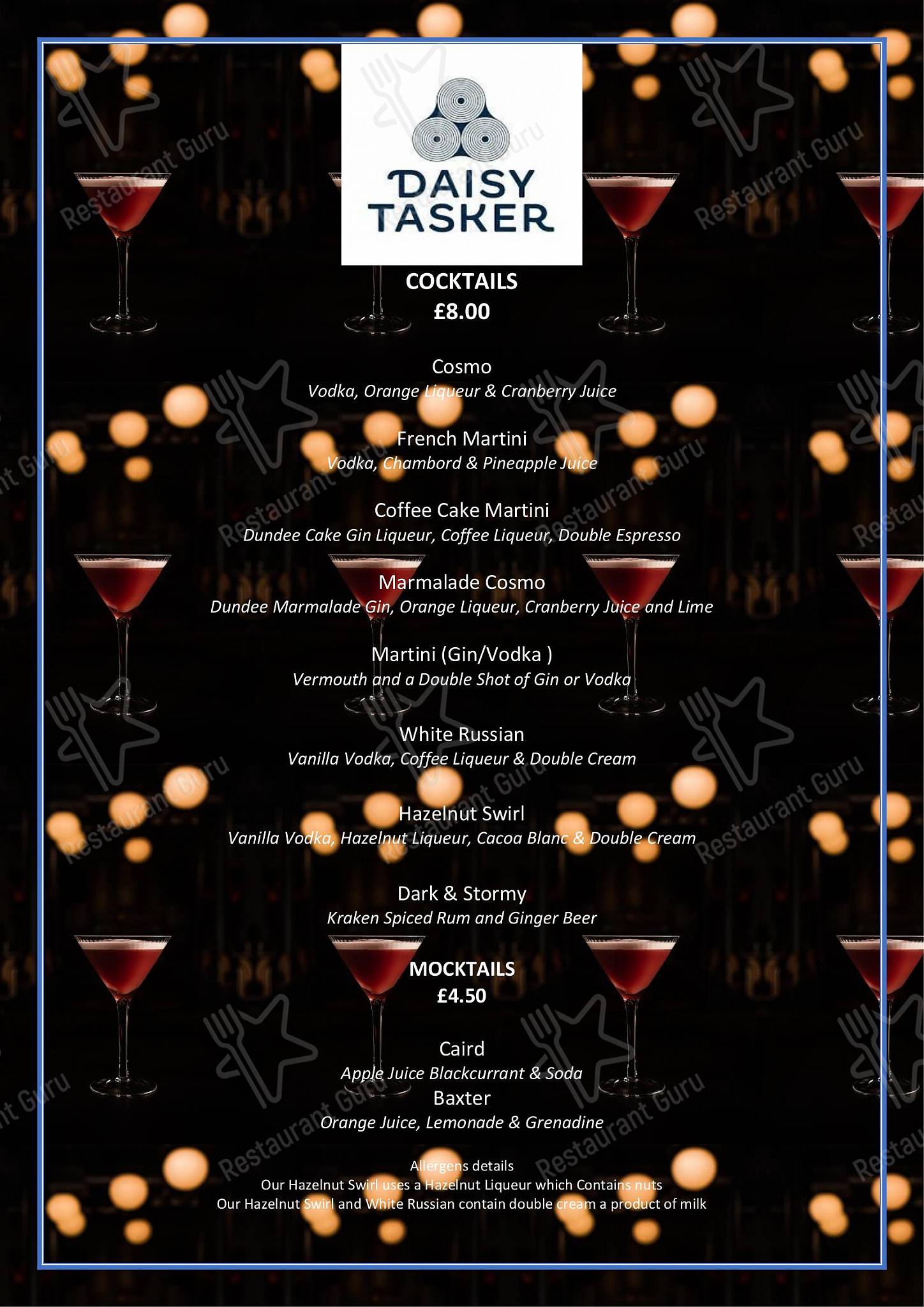 Menu Drinks ресторана Daisy Tasker в Данди