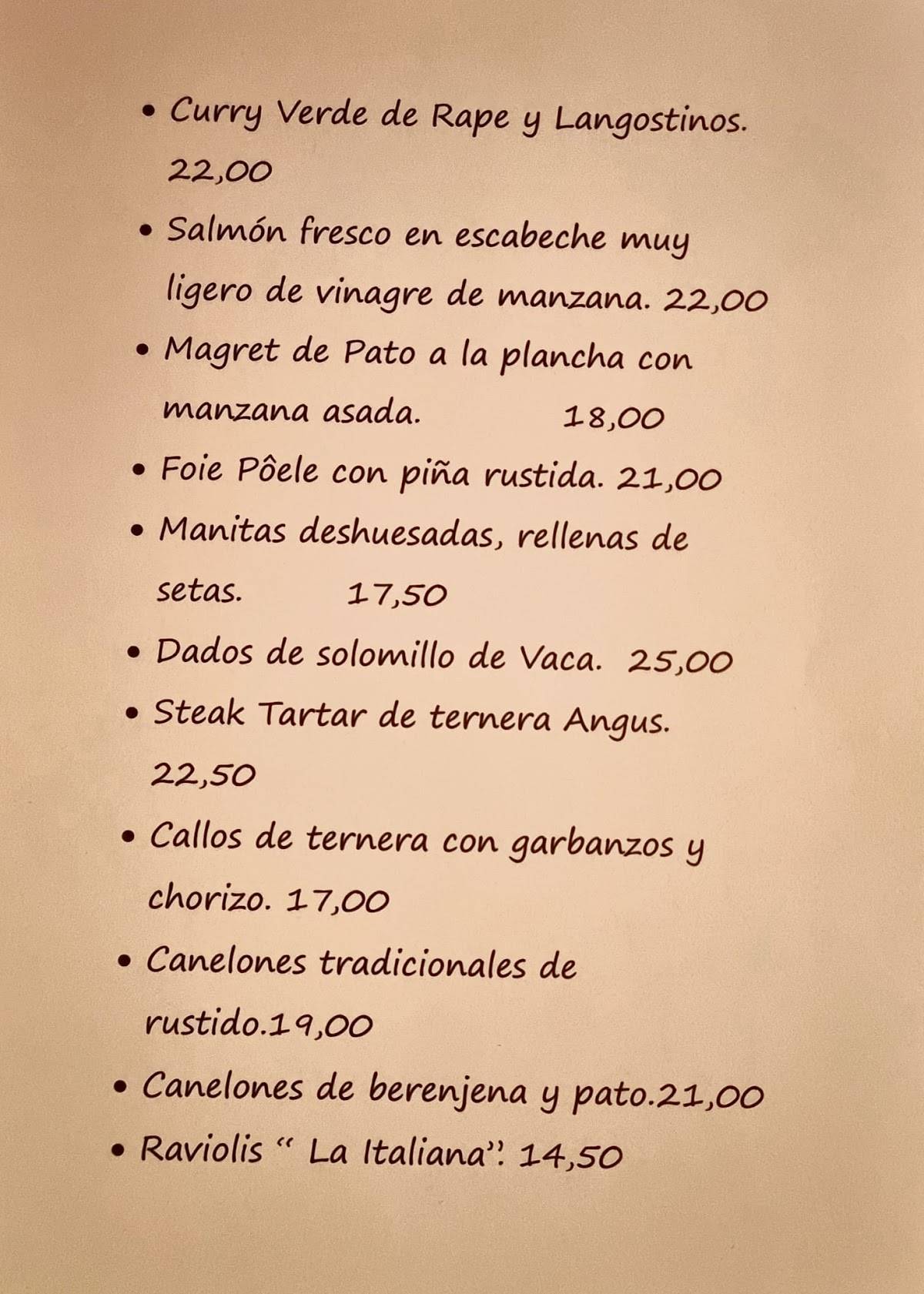 Restaurant De Bar Casa Cabestany меню