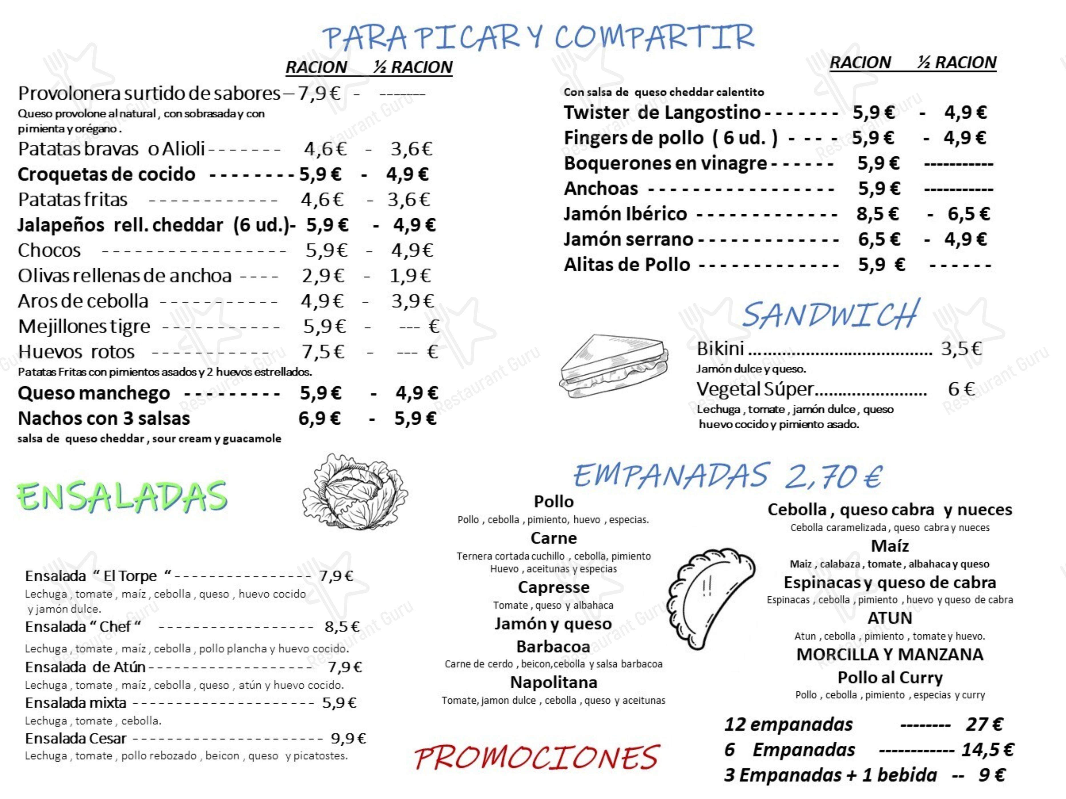 Меню ресторана El Torpe