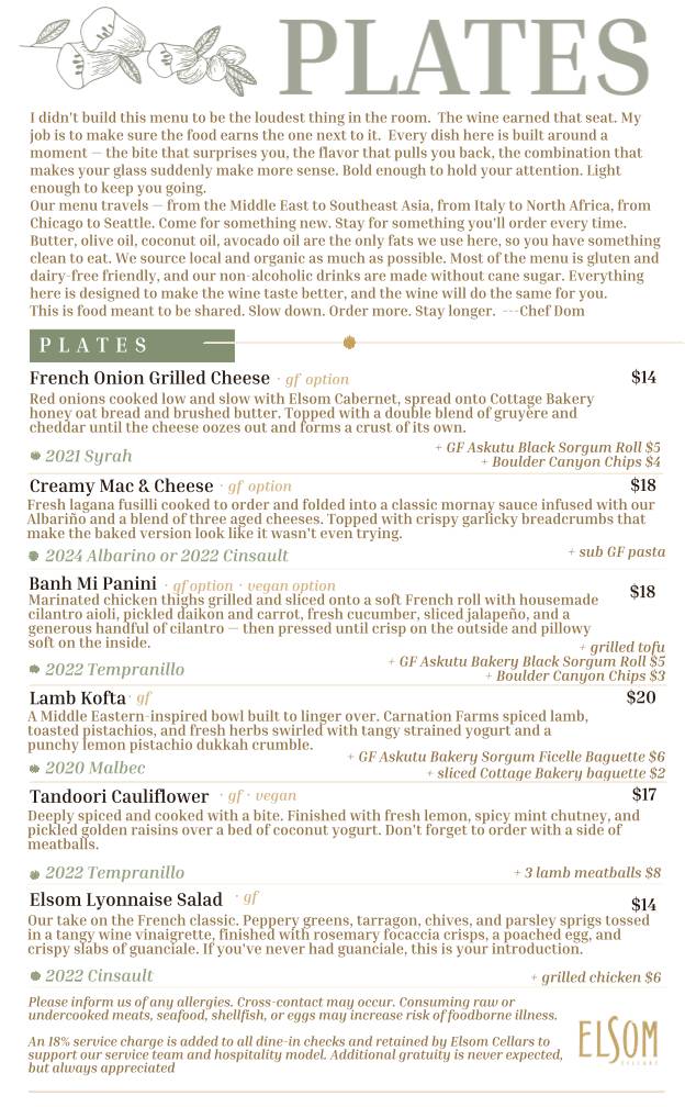 Elsom Cellars - Wine + Kitchen меню