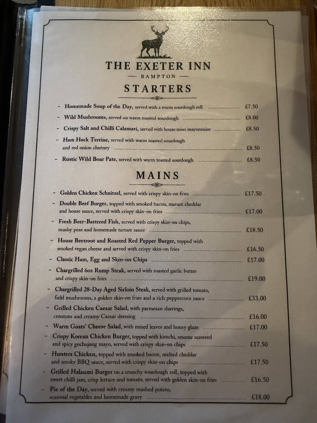 Exeter Inn меню