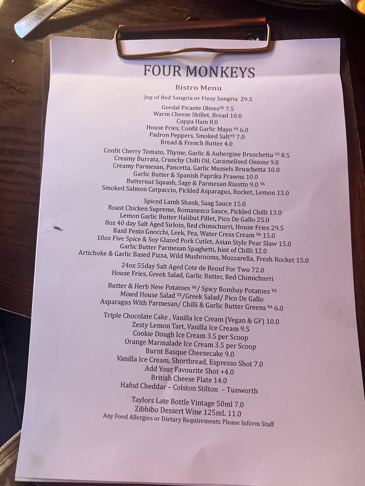 Four Monkeys 1530 меню
